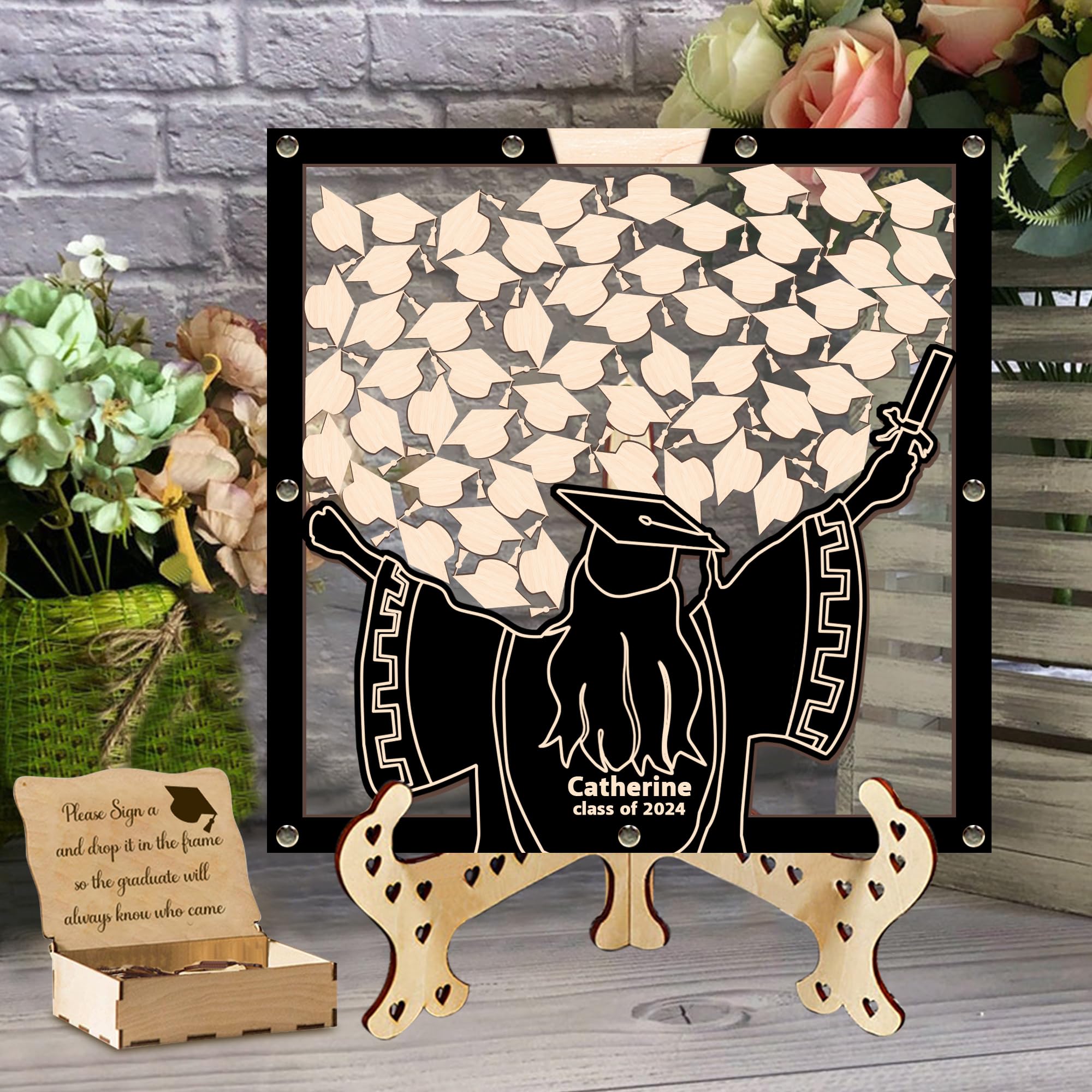 HNfmeug Personalized Wooden Graduation Guest Book Alternative, Custom Name Class of 2025 Grad Cap Graduation GuestBook Signature Decor, College Guest