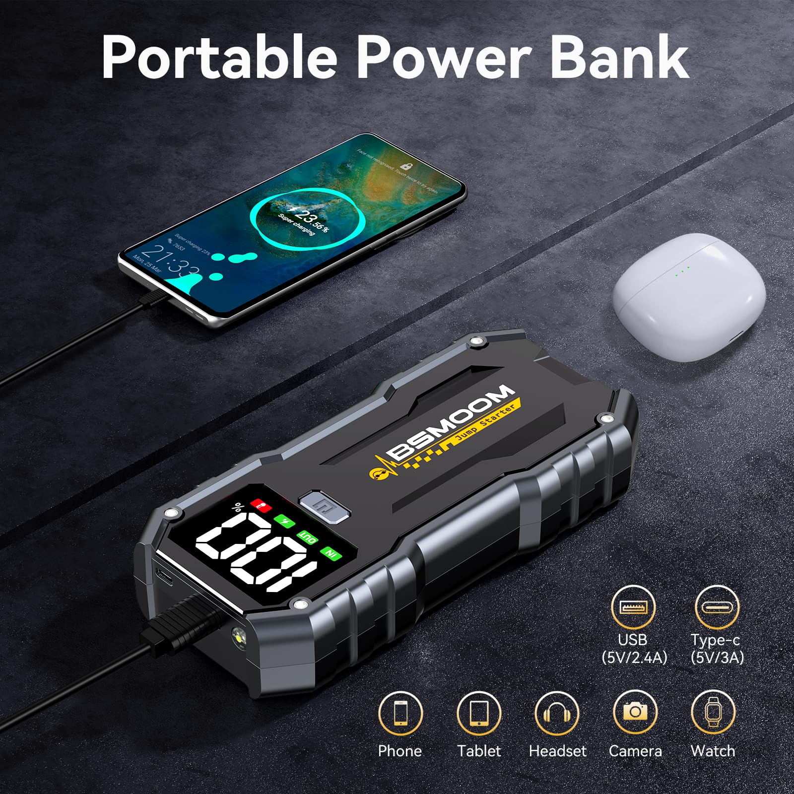 Arrancador de Baterias de Coche, 5000A Arrancador de Coches Portatil (para 10.0L de Gasolina o 8.0L de Diésel) 12 V Booster con Carga rápida USB y Linterna LED de Emergencia