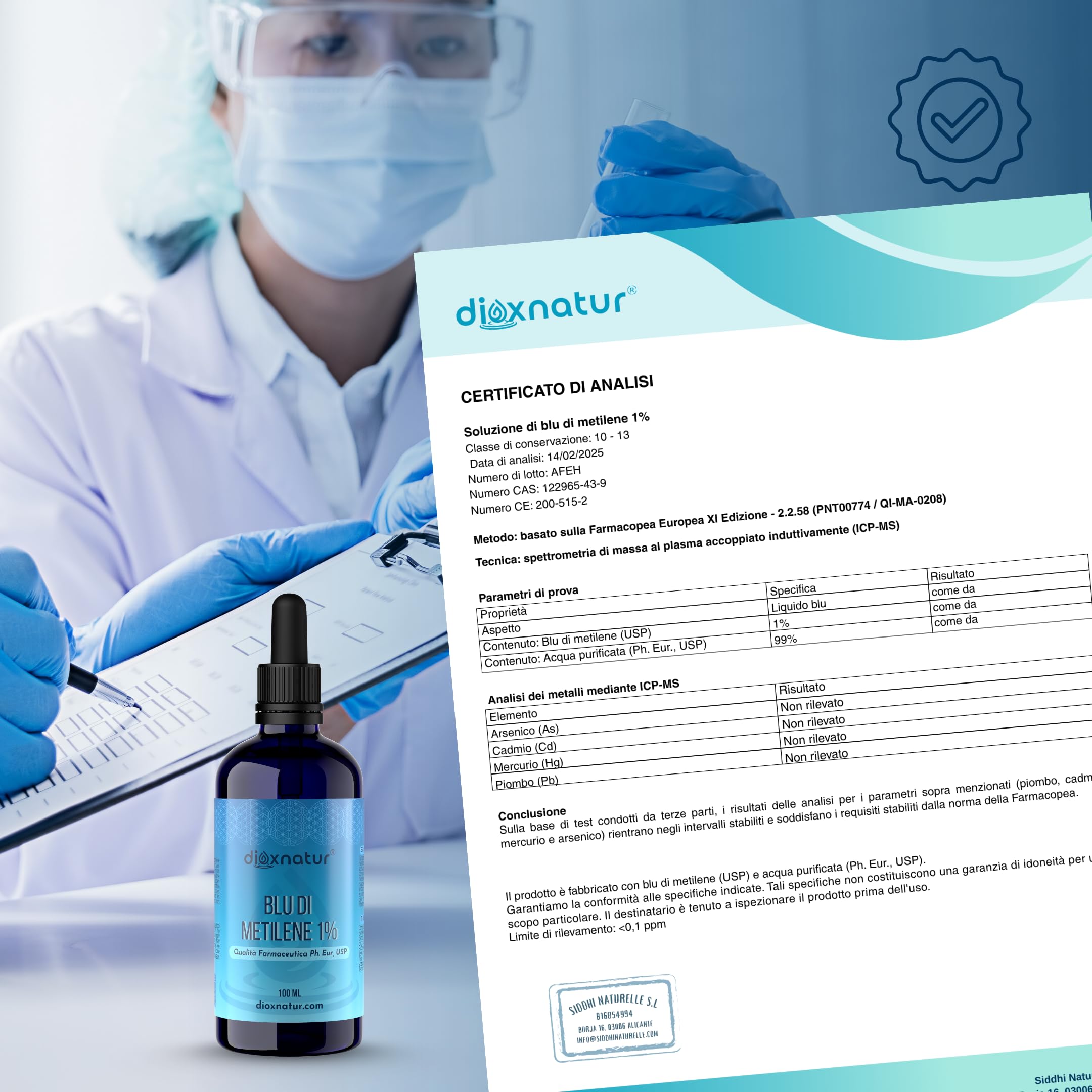 Blu di Metilene 1% USP 100 ml, Alta Purezza, Pipetta Integrata
