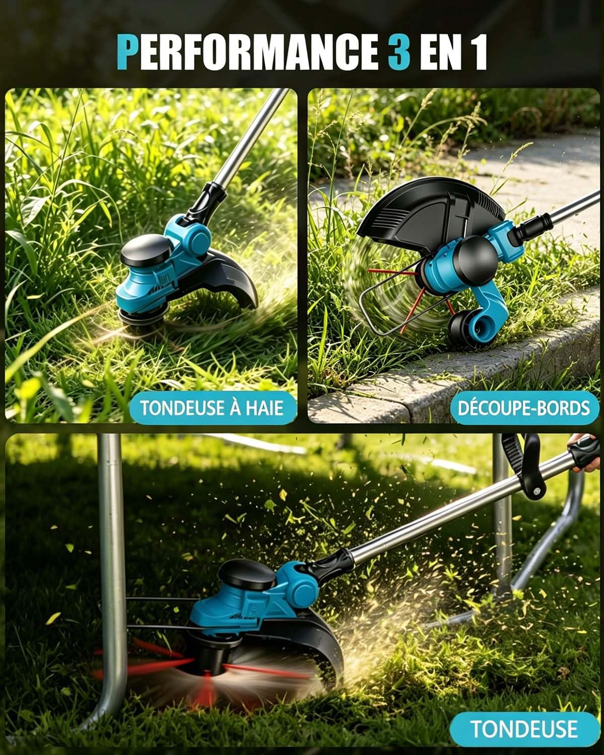 Debroussailleuse Electrique sans Fil 1000W avec écran LCD, Coupe Bordure sans Fil avec 2 Batterie 4,0 Ah et 4 Lames, Debrouissalleuses Batterie avec Roues Latérales pour Tondre Le Jardin (Bleu)