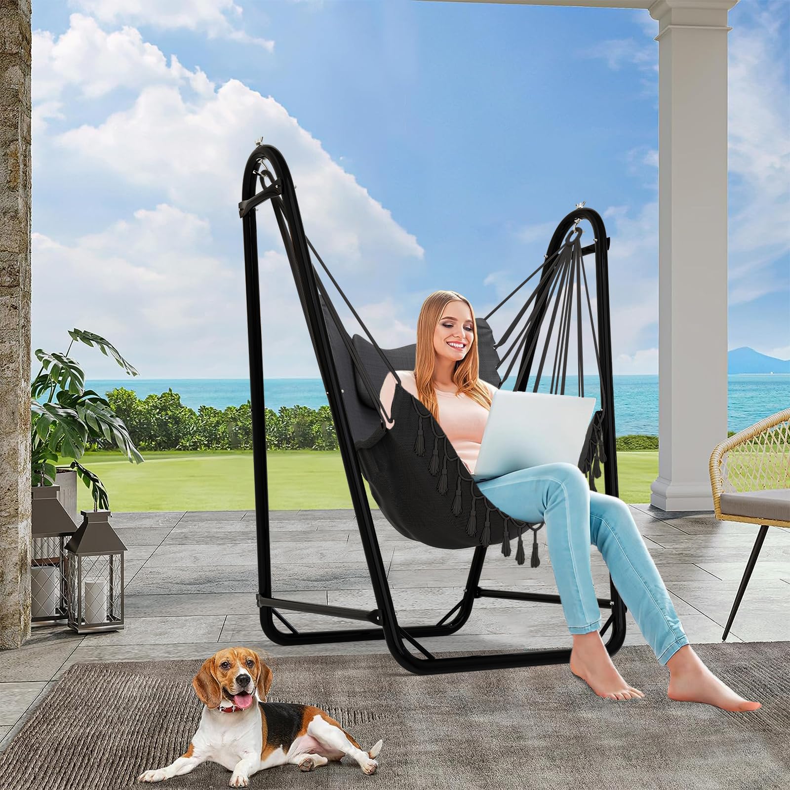 Hamaca única en forma de U con soporte, resistente y resistente al óxido, silla hamaca de algodón gris