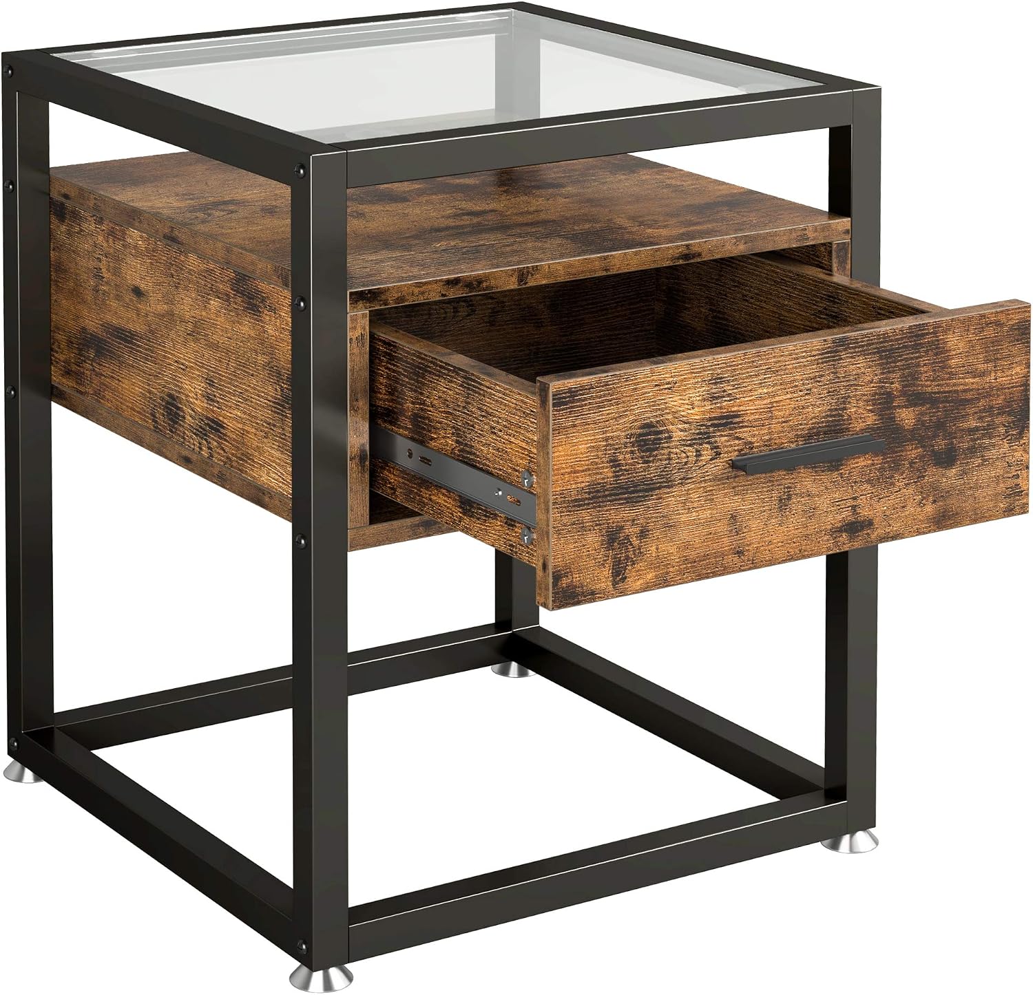 IRONCK Industrial Side Tables Living Room, Nightstand Bedroom with Drawer and Rustic Shelf, Wood and Tempered Glass End Table, Rustic Home Decor