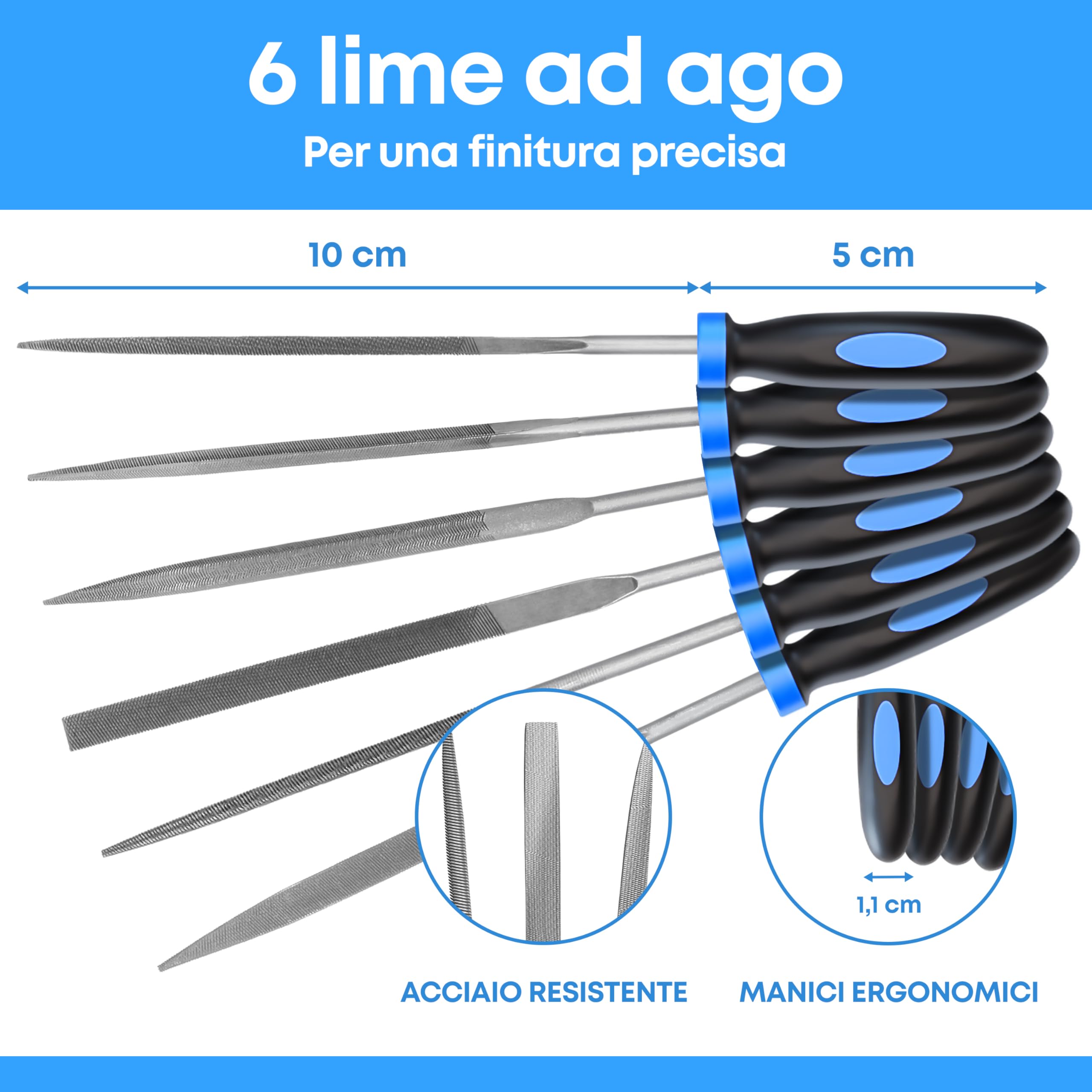 Set di lime ad ago - 6 pezzi per legno, metallo, plastica e gioielli - 150x3mm - Piccole lime tonde, mezze tonde, quadrate, triangolari, piatte e a punta piatta