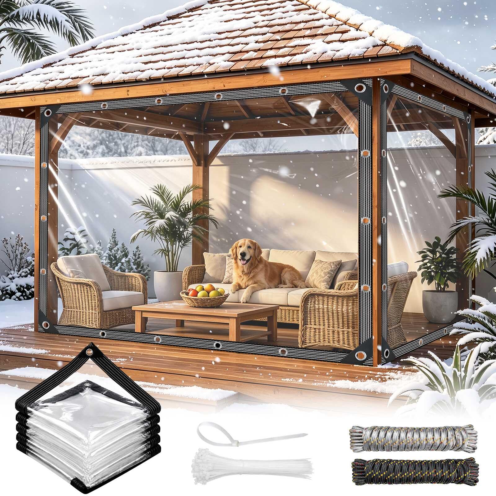 Clear Tarpaulin Waterproof Heavy Duty 2.5mx4m Transparent PVC Tarp with Eyelets & Reinforced Coving, Windproof Tear Resistant for Gazebo,Greenhouse,Chicken Coop, Rabbit Hutch and Outdoor Furniture
