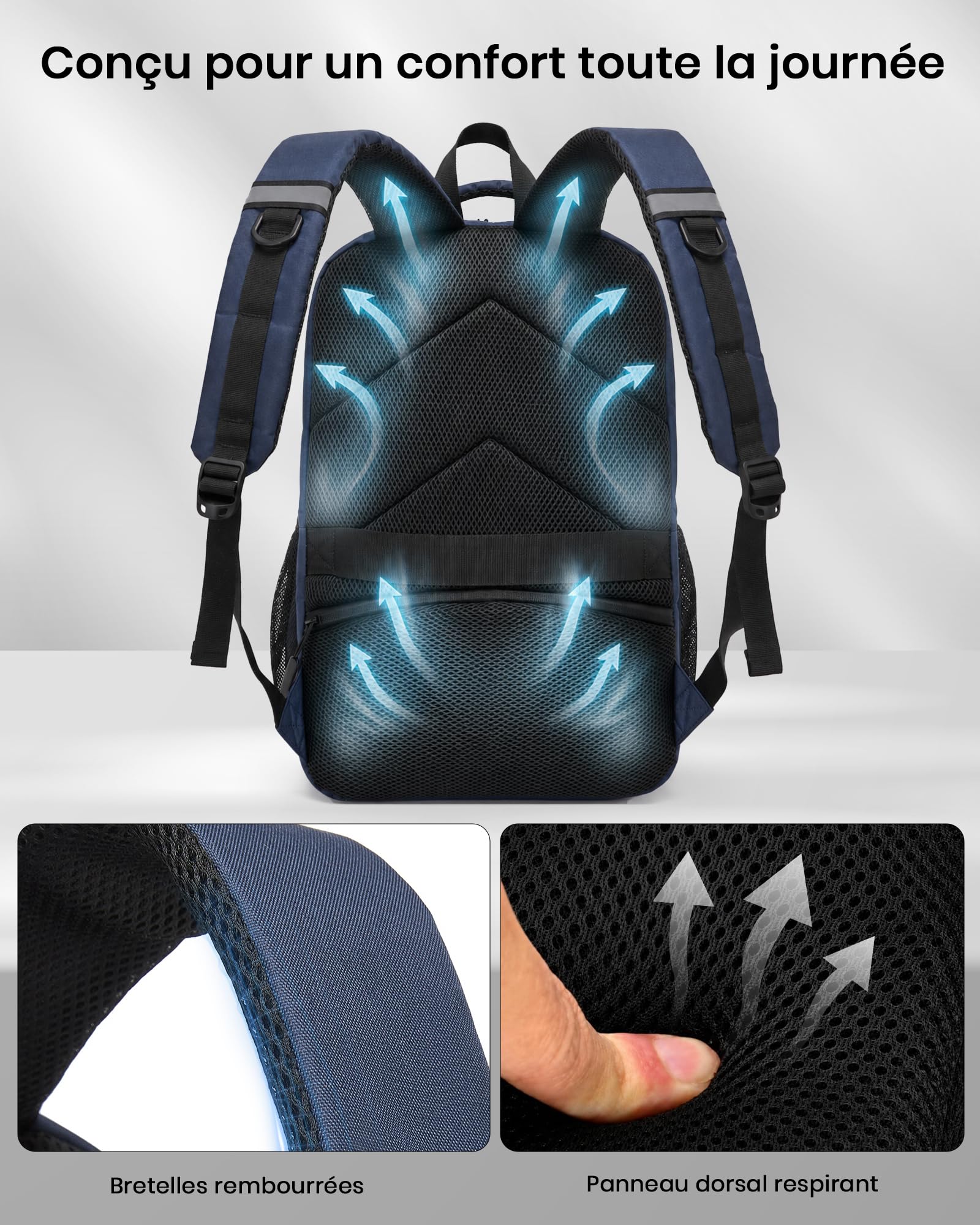 Kono Sac à Dos Ordinateur 15,6 Pouces PC Portable Homme Femme, Bleu Marine