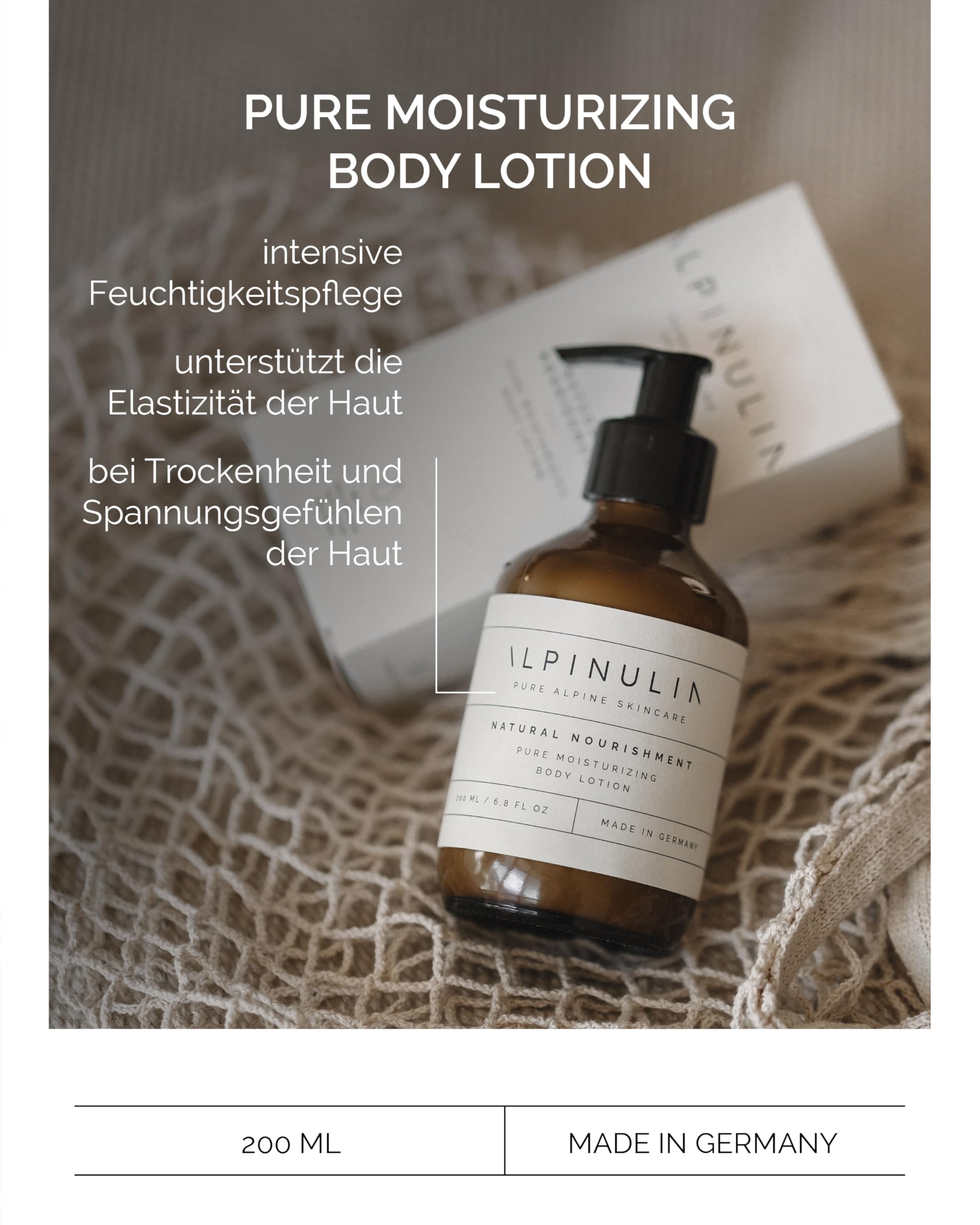ALPINULIN NATURAL NOURISHMENT Bodylotion Damen 200ml - Gebirgsquelle für die Haut für feuchtigkeitsspendende Körperpflege, Mit Hyaluronsäure, Aloe Vera & Mandelöl