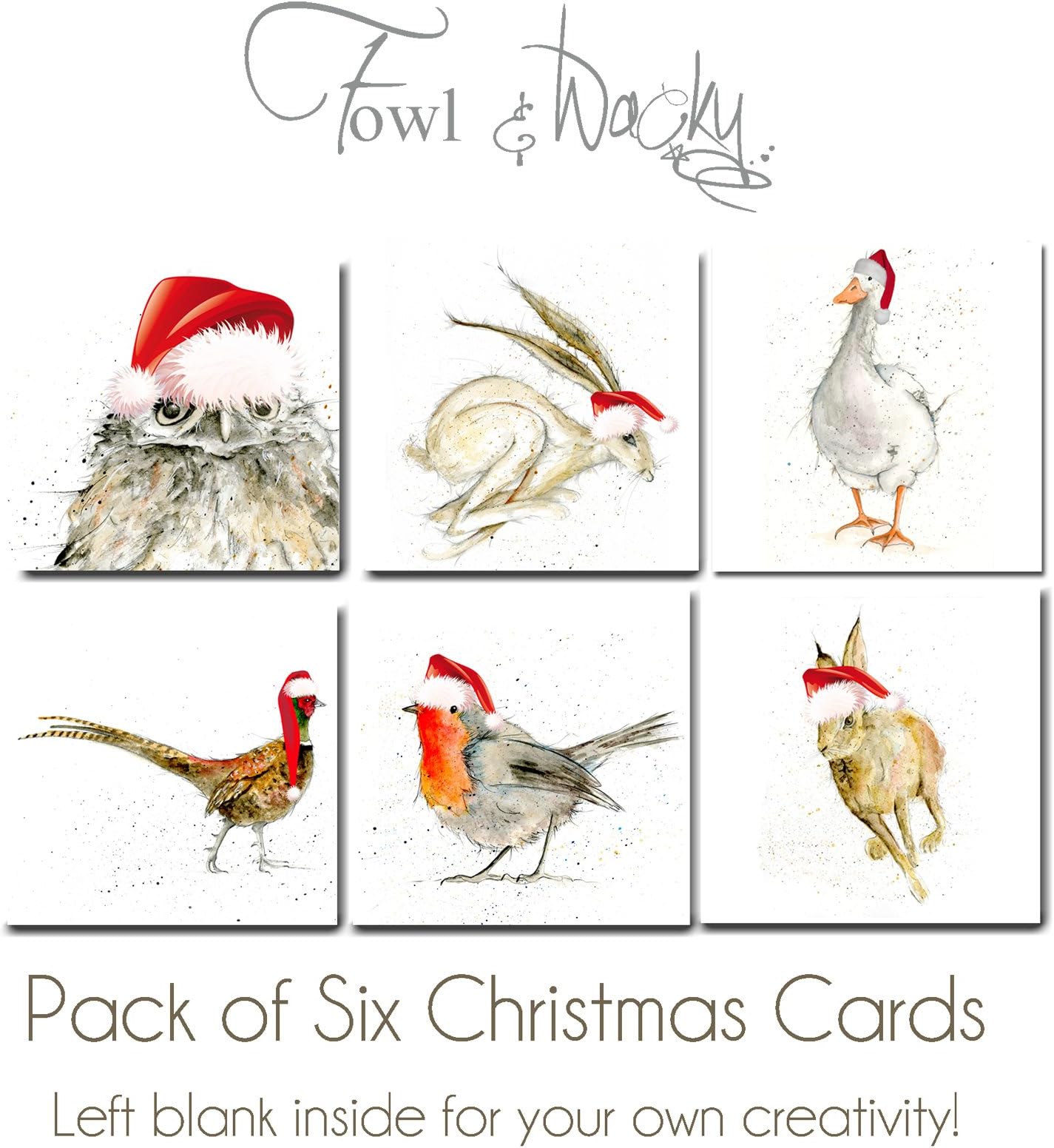 Luxury Christmas Cards - Woodland Animals and Birds - Pack of 6 - Blank Inside - Robin, Hare, Owl, Goose, Pheasant