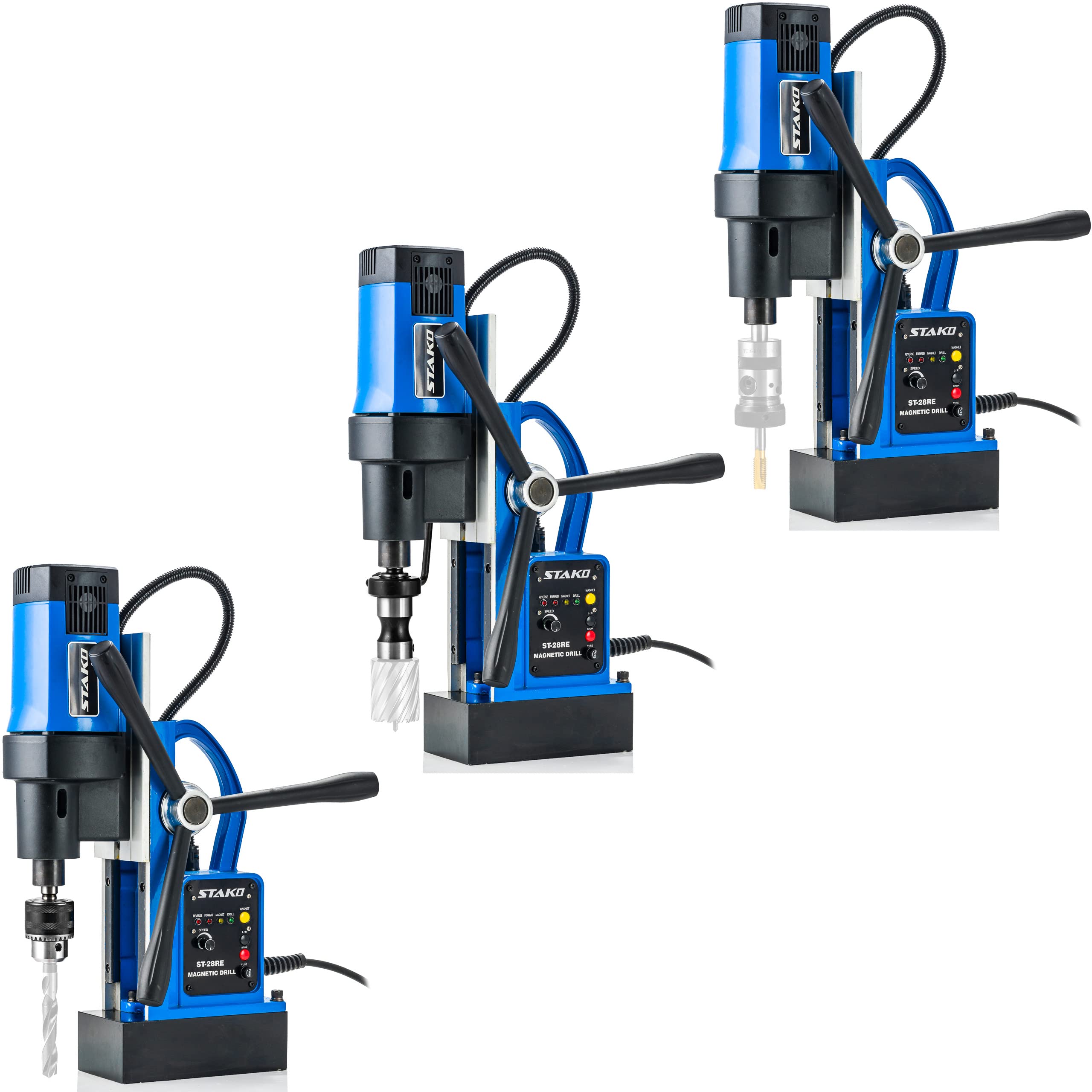 STAKO Taladro magnético de 1800 W con maletín ST-28RE Max. Ø 80 mm – Fuerza magnética 16500 N – Taladro de núcleo portátil para trabajar metal con Weldon 19 mm MK3 y portabrocas B16 3-16 mm – Juego de