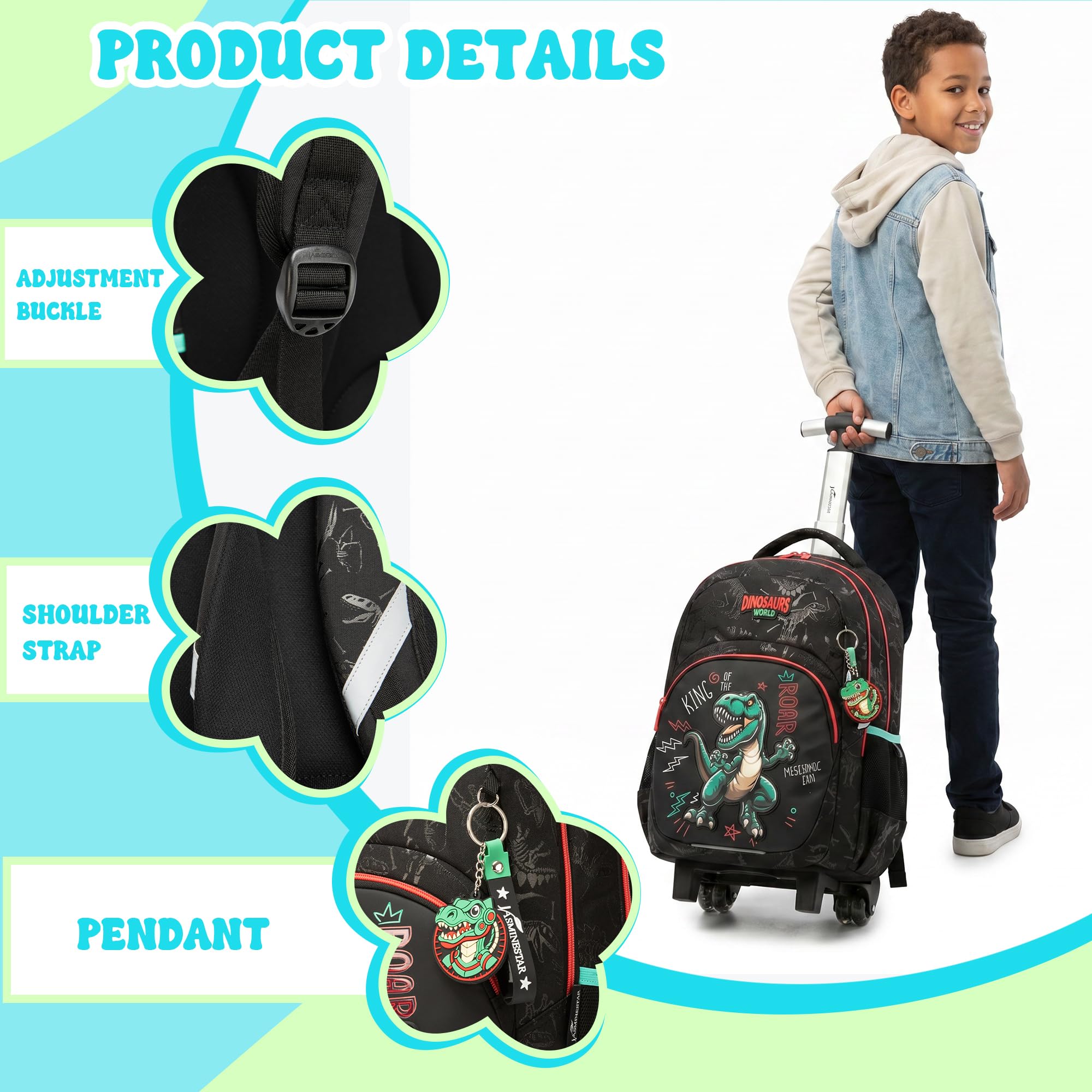 HTgroce Zaino Trolley Scuola Elementare Bambino– Set 3 in 1 con Borsa e Astuccio – Zainetto con Ruote Ergonomico per Primaria
