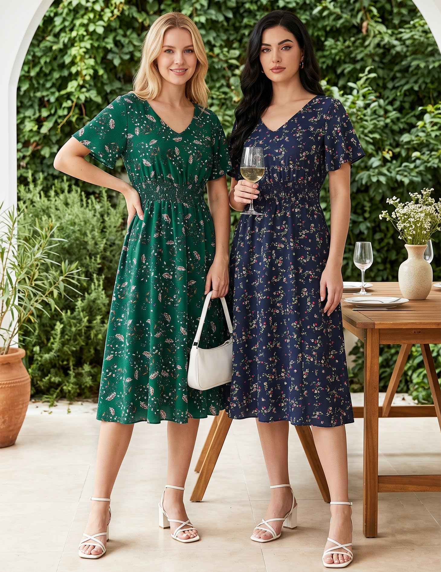 Gardenwed Women Summer Dresses Short Sleeve V Neck Casual Swing Elastic Waist A Line Midi Casual Floral Sundress
