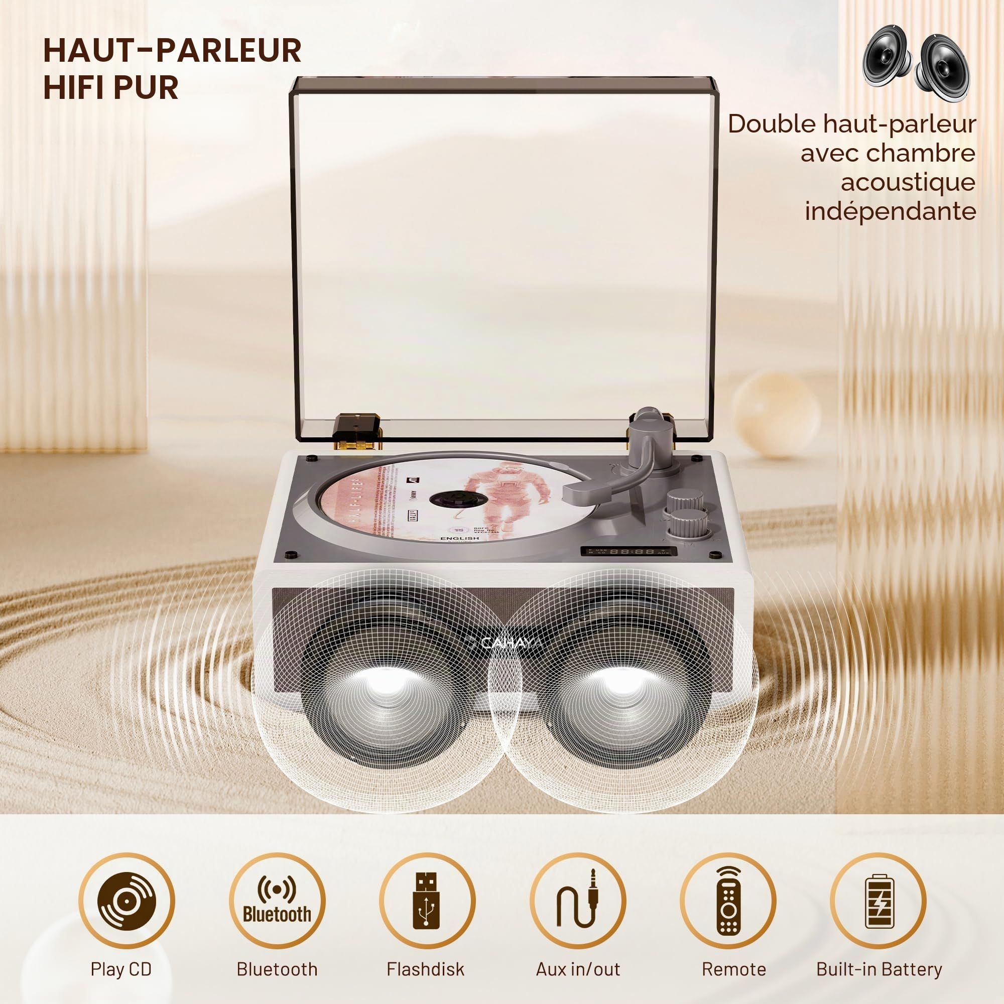 Lecteur CD portable CAHAYA pour usage domestique avec deux haut-parleurs Hi-Fi intégrés, télécommande et connexion pour téléphone et PC, parfait comme cadeau
