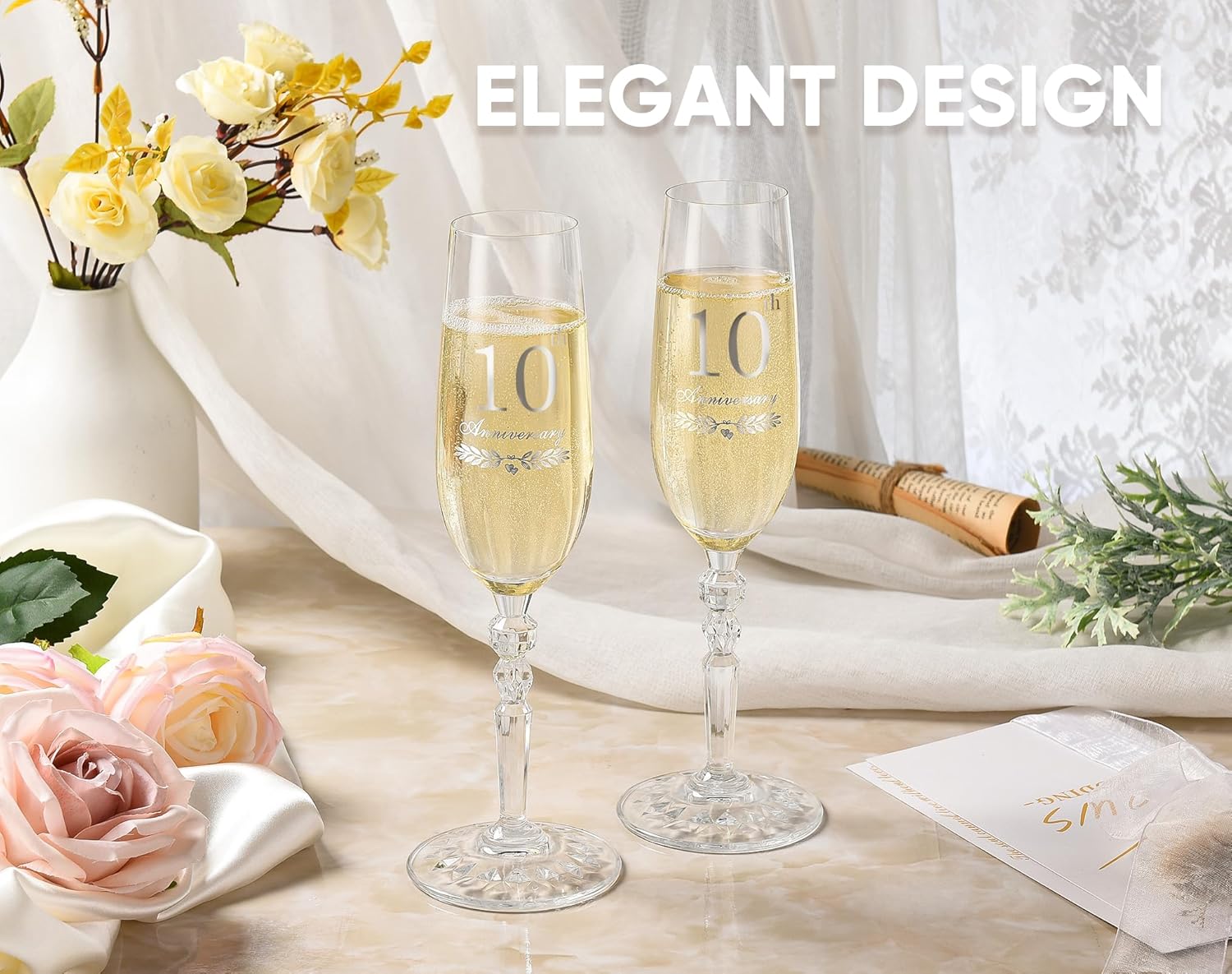 10th Anniversary Decorations Gifts for Couple, Classical Style 10th Wedding Anniversary Champagne Flutes Glasses, Crystal Champagne Glasses Set of 2, Gifts for husband, wife, Couple - Image 2