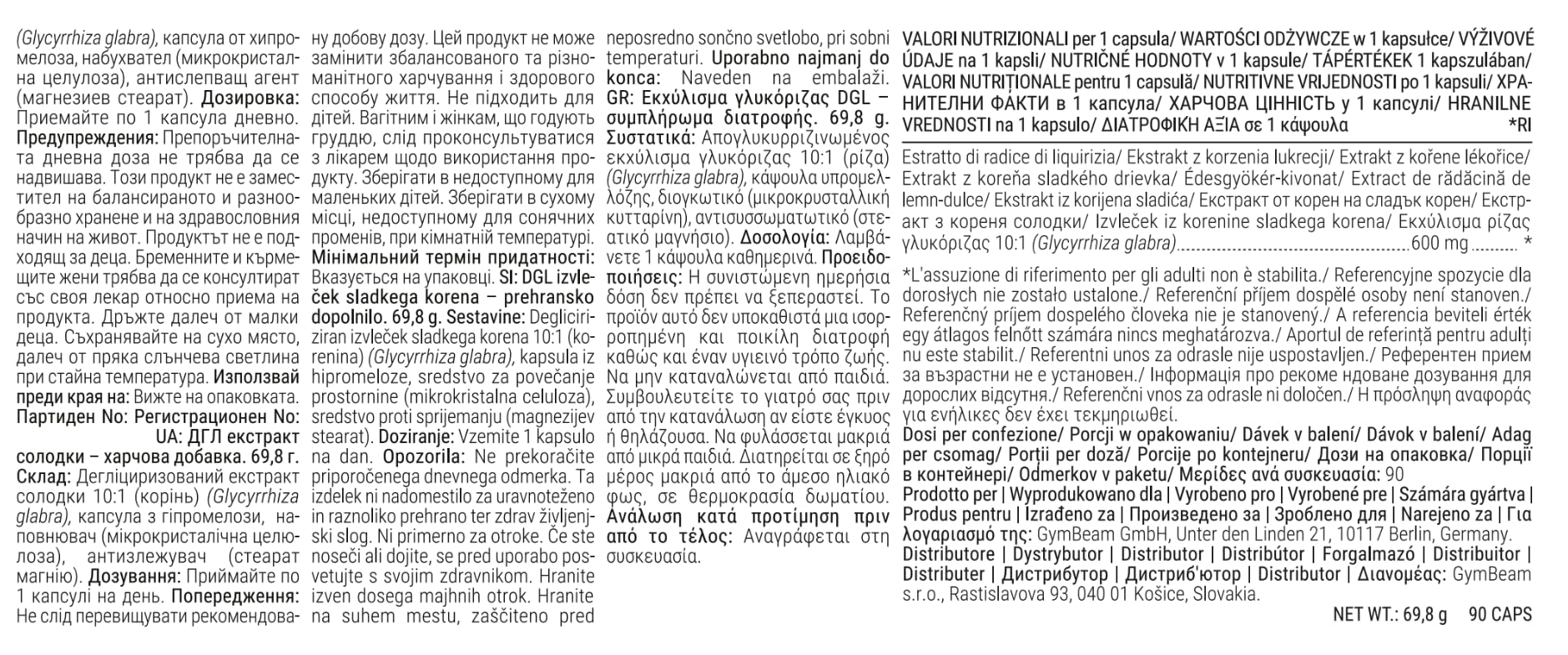 GymBeam Estratto di Liquirizia DGL - Estratto Concentrato 10:1, 600 mg per Dose, Supporta Equilibrio Digestivo e Tranquillitá Mentale, Capsule Vegane, 90 cps