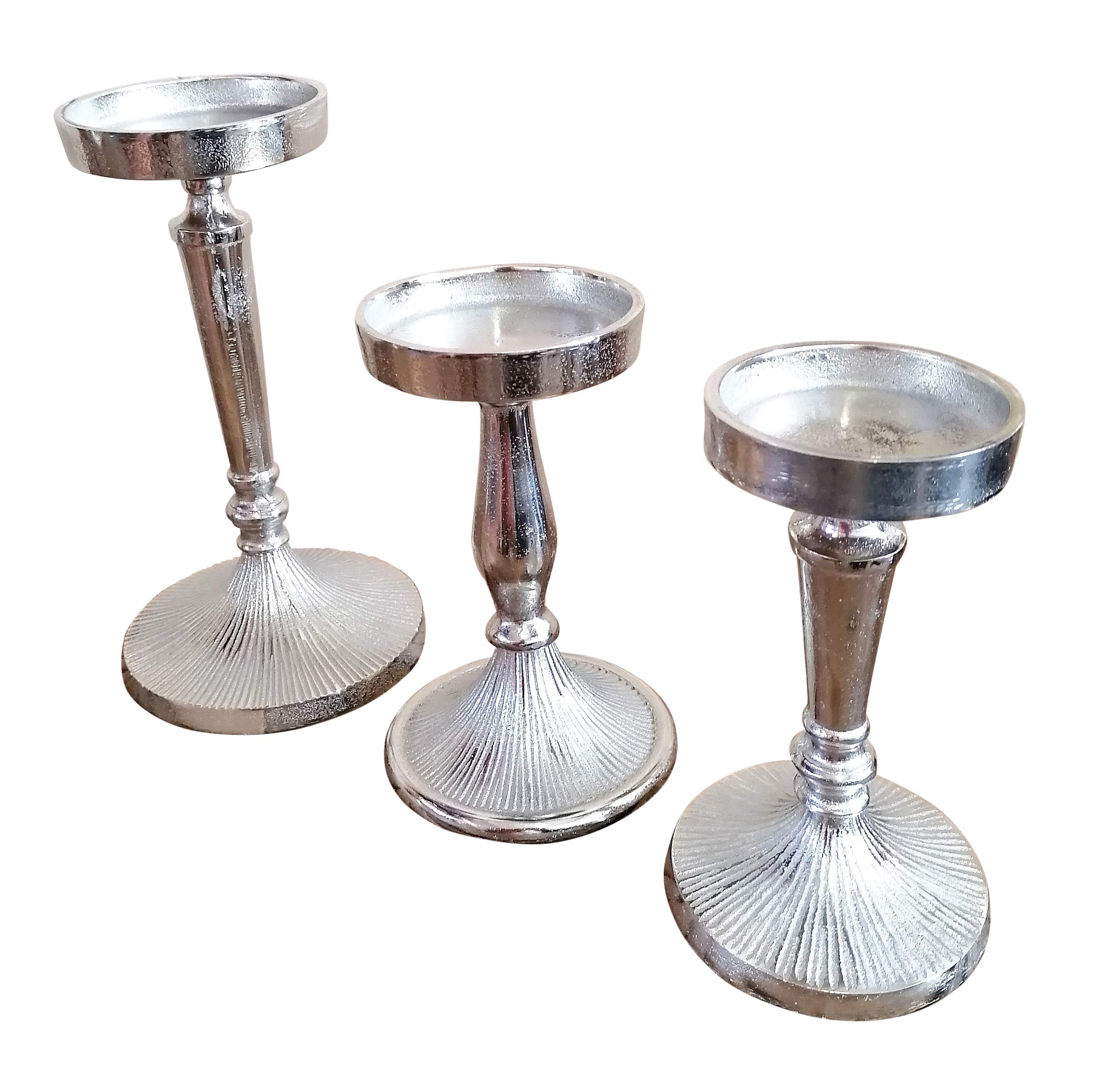 MichaelNoll Kerzenständer 3er Set Kerzenhalter Aluminium Silber - Kerzenleuchter Modern für Stumpenkerzen - H 17,5 cm / 18,0 cm / 23,5 cm