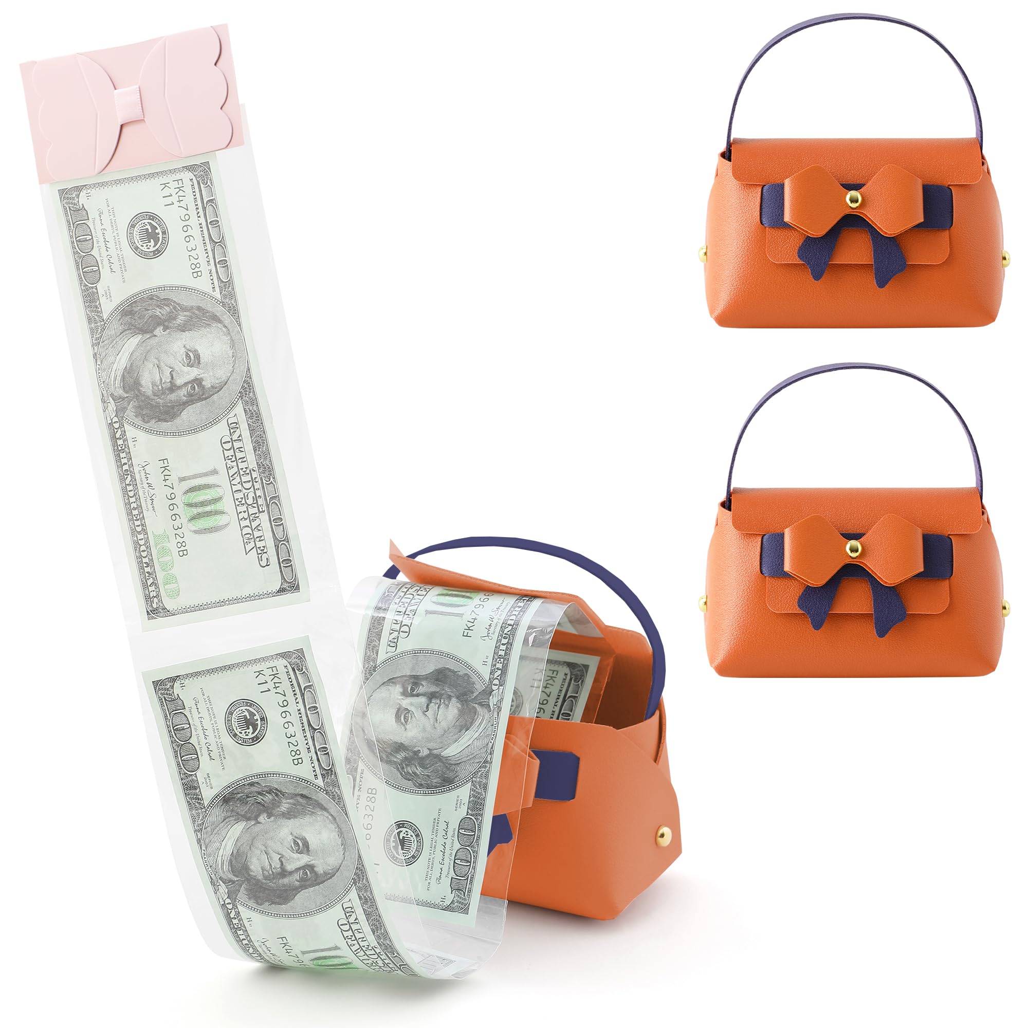 Litvana Ribbon Money Surprise Box - 2 Pack Leather Pull-Out Cash Box for Birthday, Anniversary, Christmas Gifts Orange