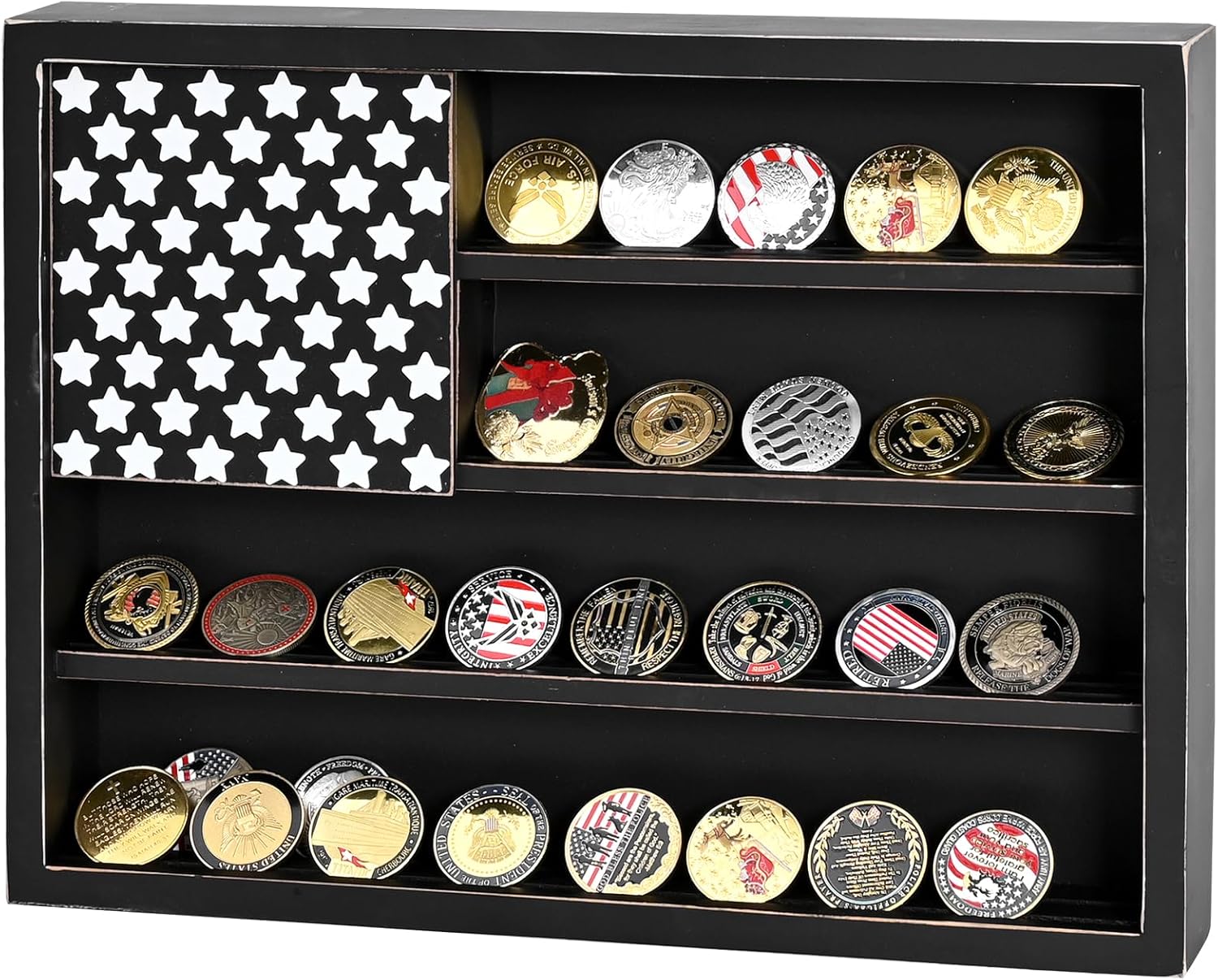 SwallowLiving Wall Mounted Challenge Coin Display Stand, Black Wooden Military Coin Holder Rack