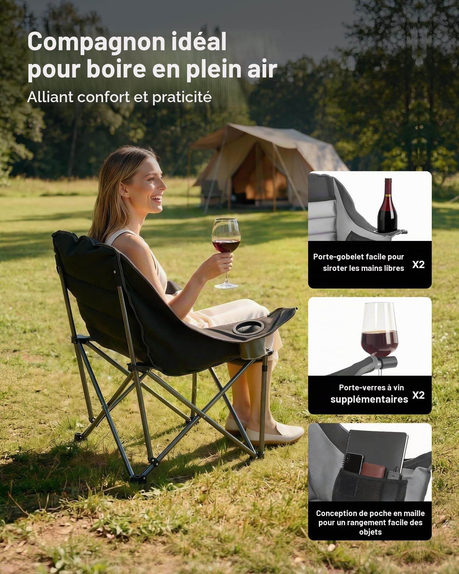 VEVOR Chaise de Camping Pliante et Portable, Fauteuil Pliable Camping Charge Maximale 204 kg, pour Pique-Nique Randonnée Pêche en Plein Air, avec Porte-gobelet, Porte-Verre à Vin et Sac de Transport