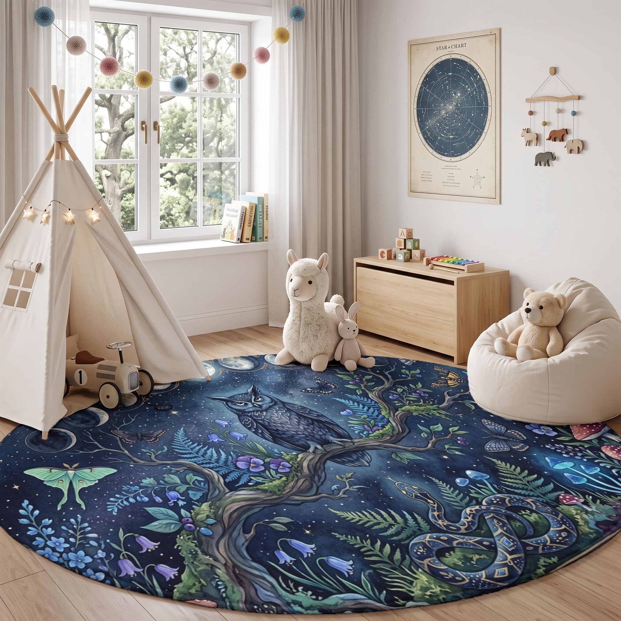 Tapis Rond Lavable Hibou des Phases De La Lune pour Salon 160 cm