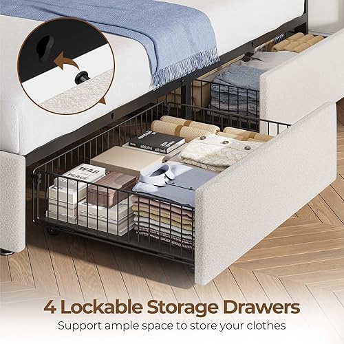 Miniatura 5 de Rolanstar Base de cama individual con 4 cajones de almacenamiento y estación de carga, cama individual con luces LED, 2 USB y 1 tipo C, cabecera