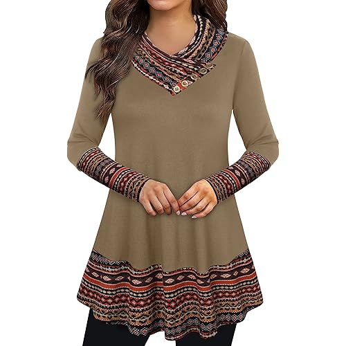 Cowl Neck Tunics Long Sleeve Patchwork Form Fitting Casual A-Line Top Blouse