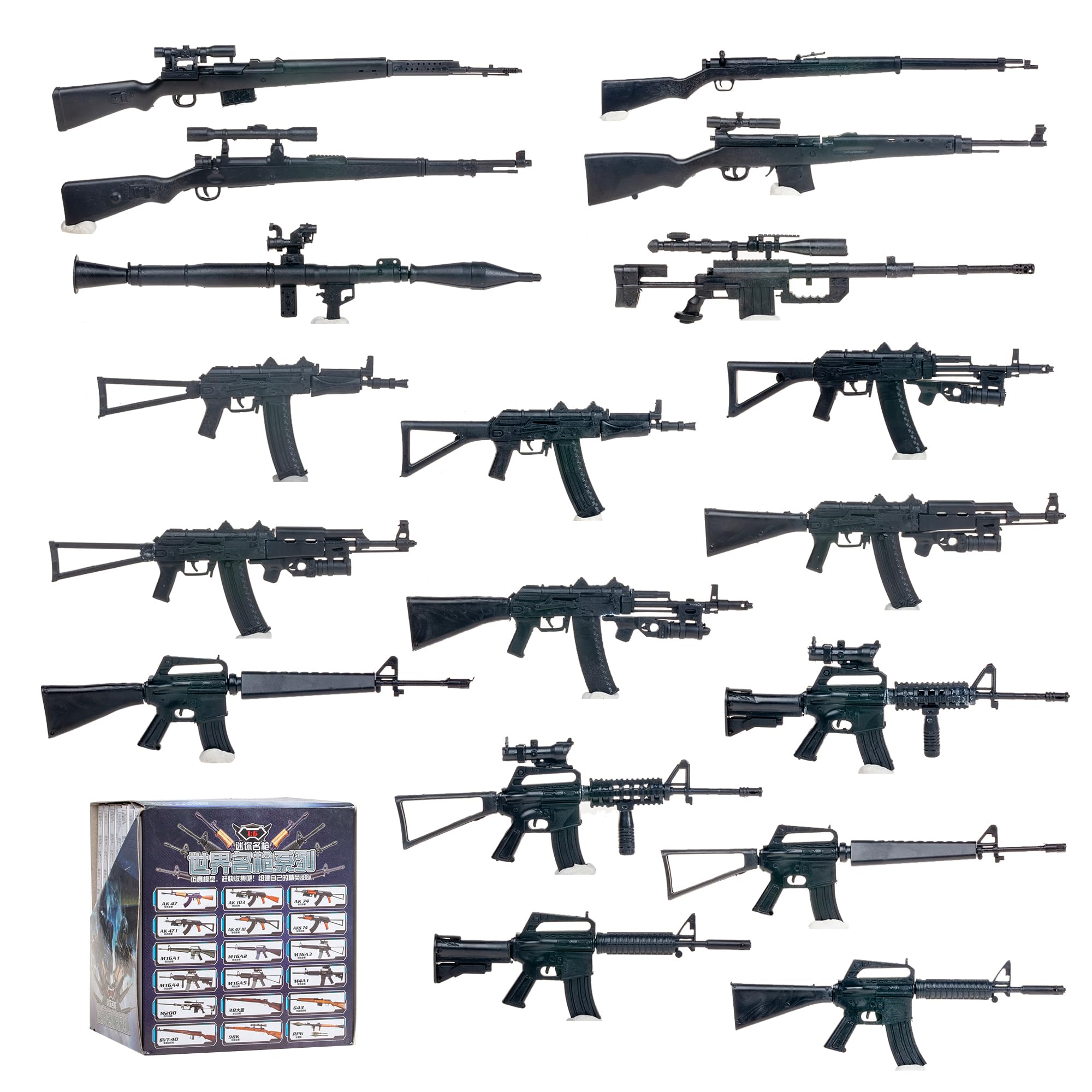 18 Pcs Assembly Rifle Toy Model Action Figure Set AK103, AK74, AKS74, AK47, AK47I, AK47III, M16A1, M16A2, M16A3, M16A4, M16A5, M4A1, Type38, M200, 98K, G43, PRG, SVT-40