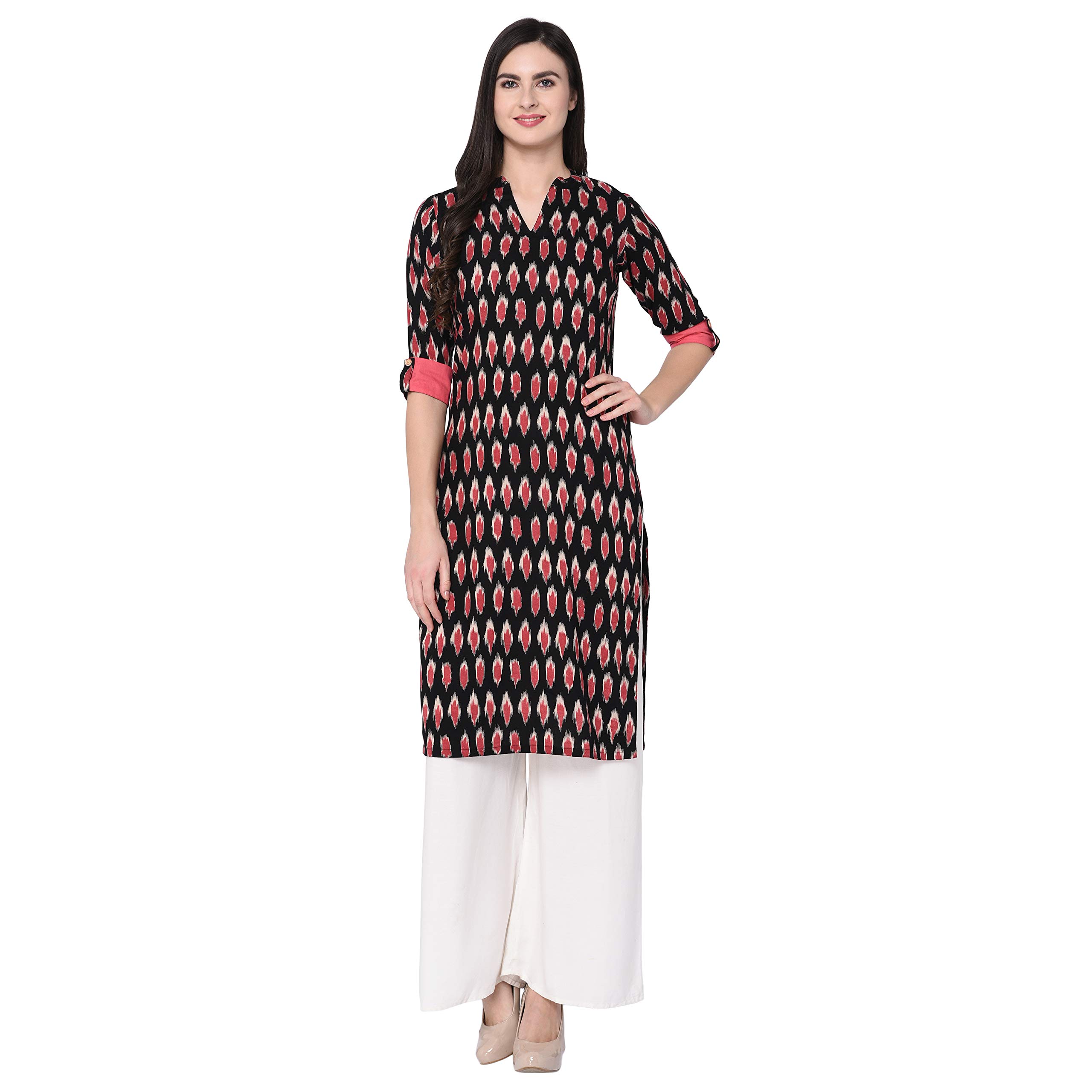 Lee XXL Women's Cotton Printed Straight Long Black Kurta/Kurti in black
