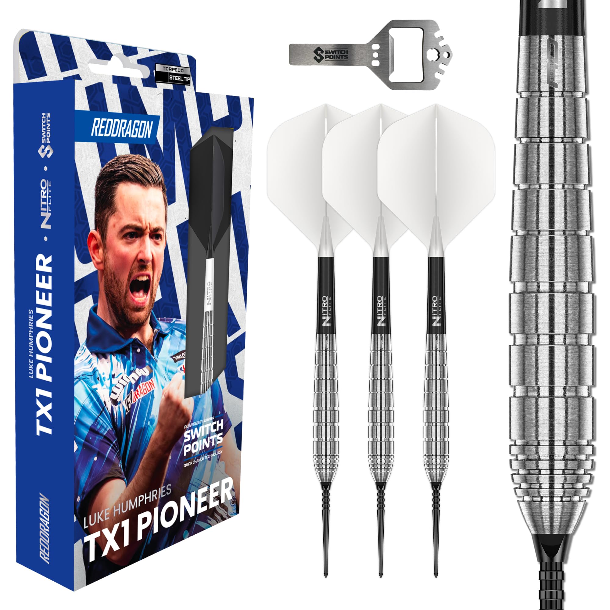 RED DRAGON Freccette Luke Humphries | Punti di commutazione TX1 Powered by Winmau | Set di freccette da 2 g | Punta in acciaio | Set di freccette professionali al 90% in tungsteno con alette e alberi