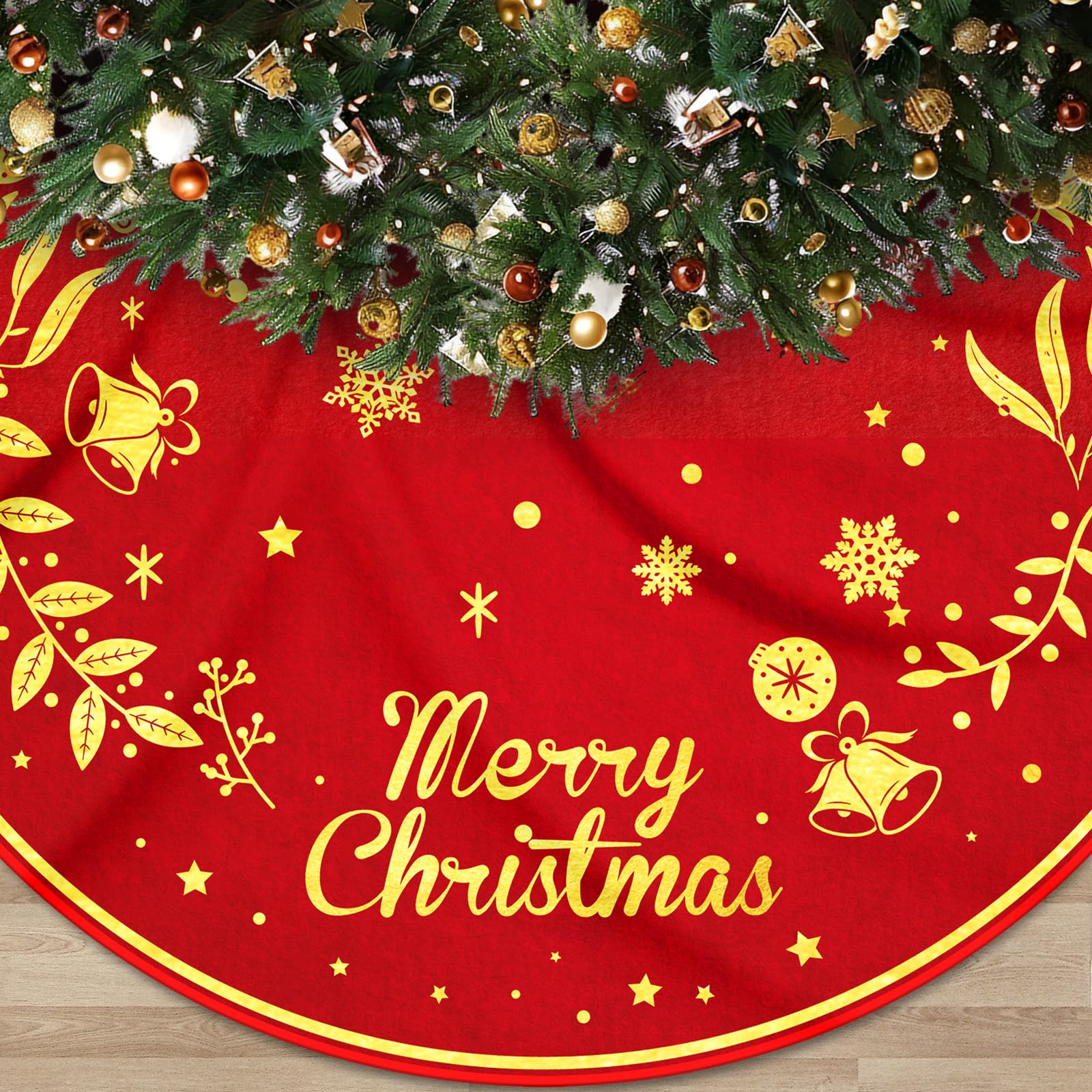 Merry Christmas Tree Skirt,48 inches Xmas Tree Decorations Red Gold Christmas Tree Mat Large Christmas Base Covers for New Year Party Decorations Indoor Outdoor Holiday Decor - Image 4