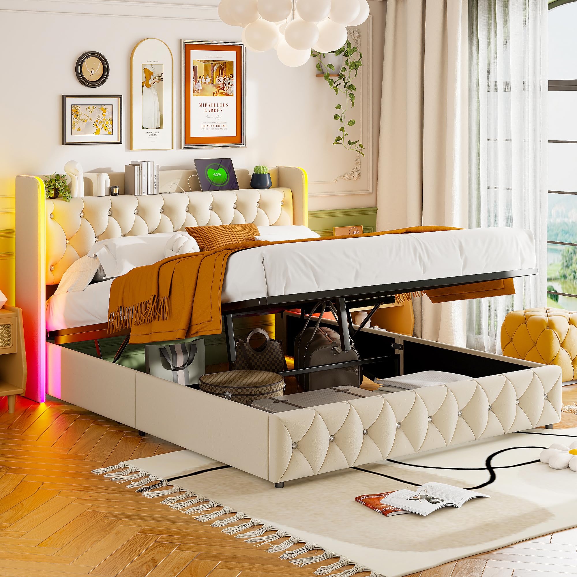 Letto matrimoniale imbottito 140 x 200 cm, letto idraulico a LED, letto matrimoniale con funzione porta di ricarica, comodino con funzione di carica, letto con vano portaoggetti (beige + flanella, 140