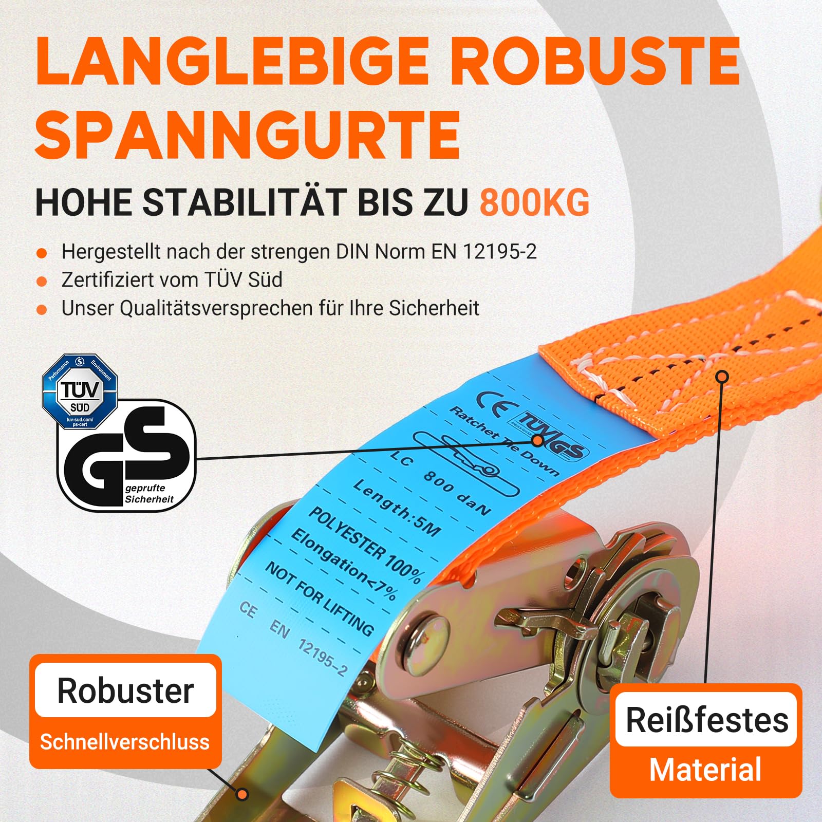 12 Stück Spanngurte mit Haken Ratsche - 5m 800kg 0.8T Zweiteilig 25 mm Ratschengurt,Spanngurt,Zurrgurte für Ladungssicherung TÜV/GS Zertifiziert (Orange)