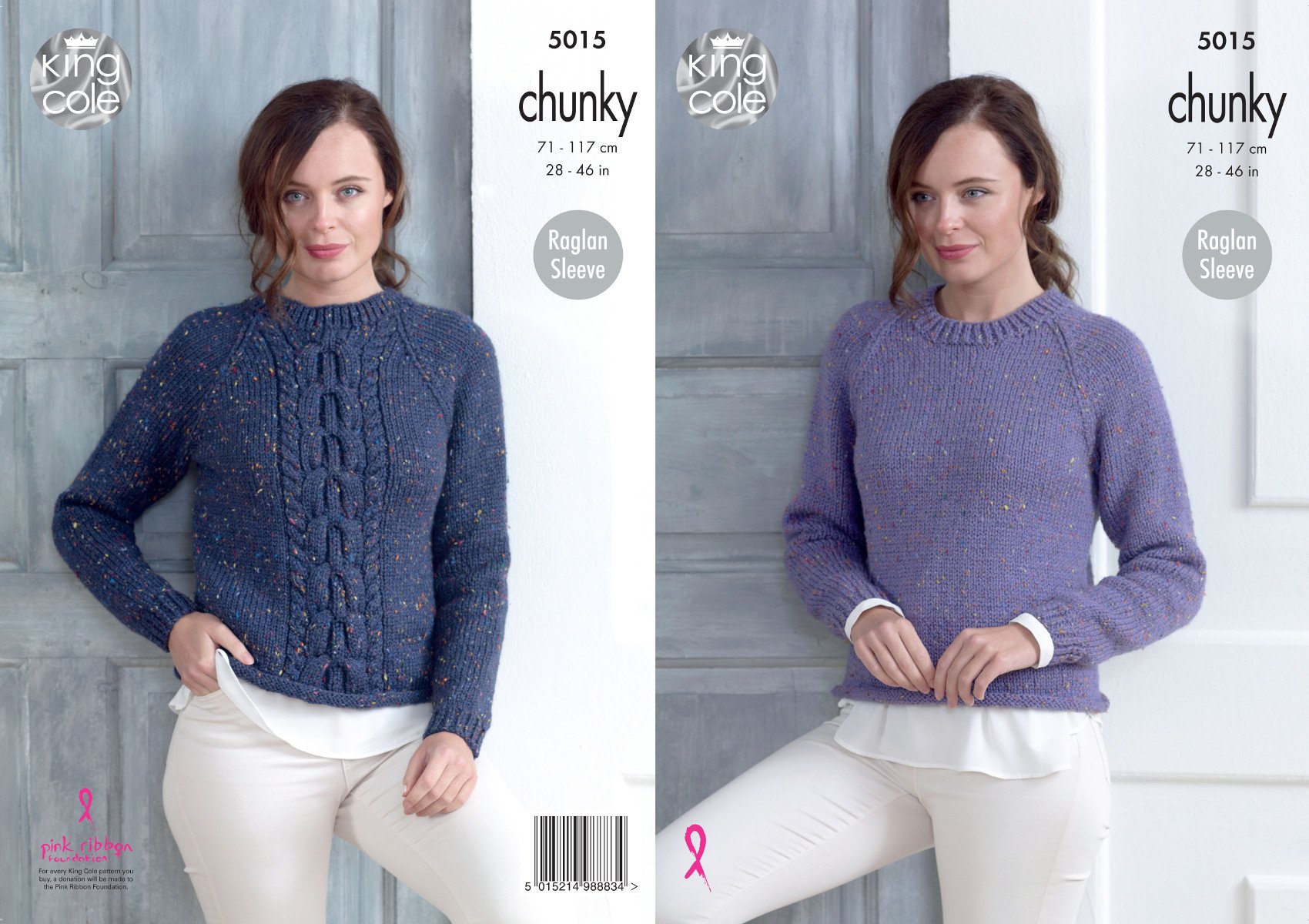 King Cole Ladies Chunky Knitting Pattern Plain or Cable Raglan Sweater 5015