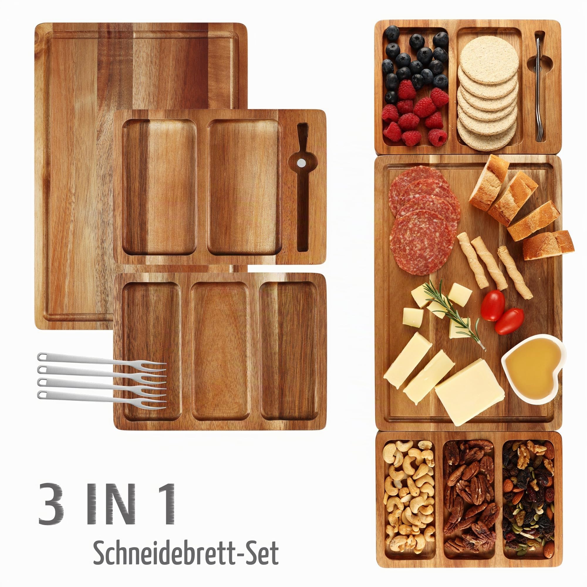 hecef 3-in-1 Käsebrett und Servierbretter Set mit Tragetasche, Akazienholz