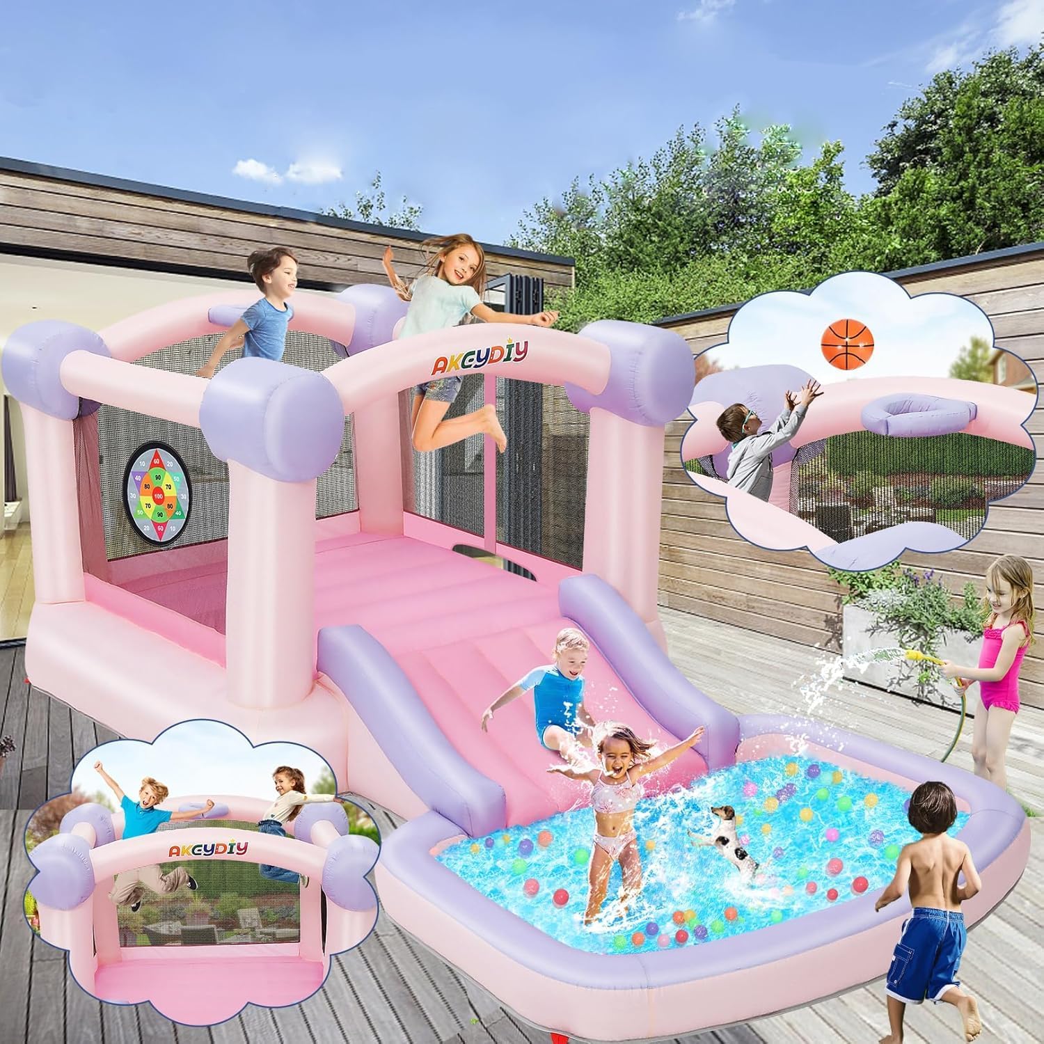 AKEYDIY Inflatable Bounce House, Fantasy Macaron Color Bounce Castle for Kids 3-10, 161" x 82" Indoor/Outdoor Bouncy House with Slide for Wedding Party Kids Birthday Party, UL Blower Included