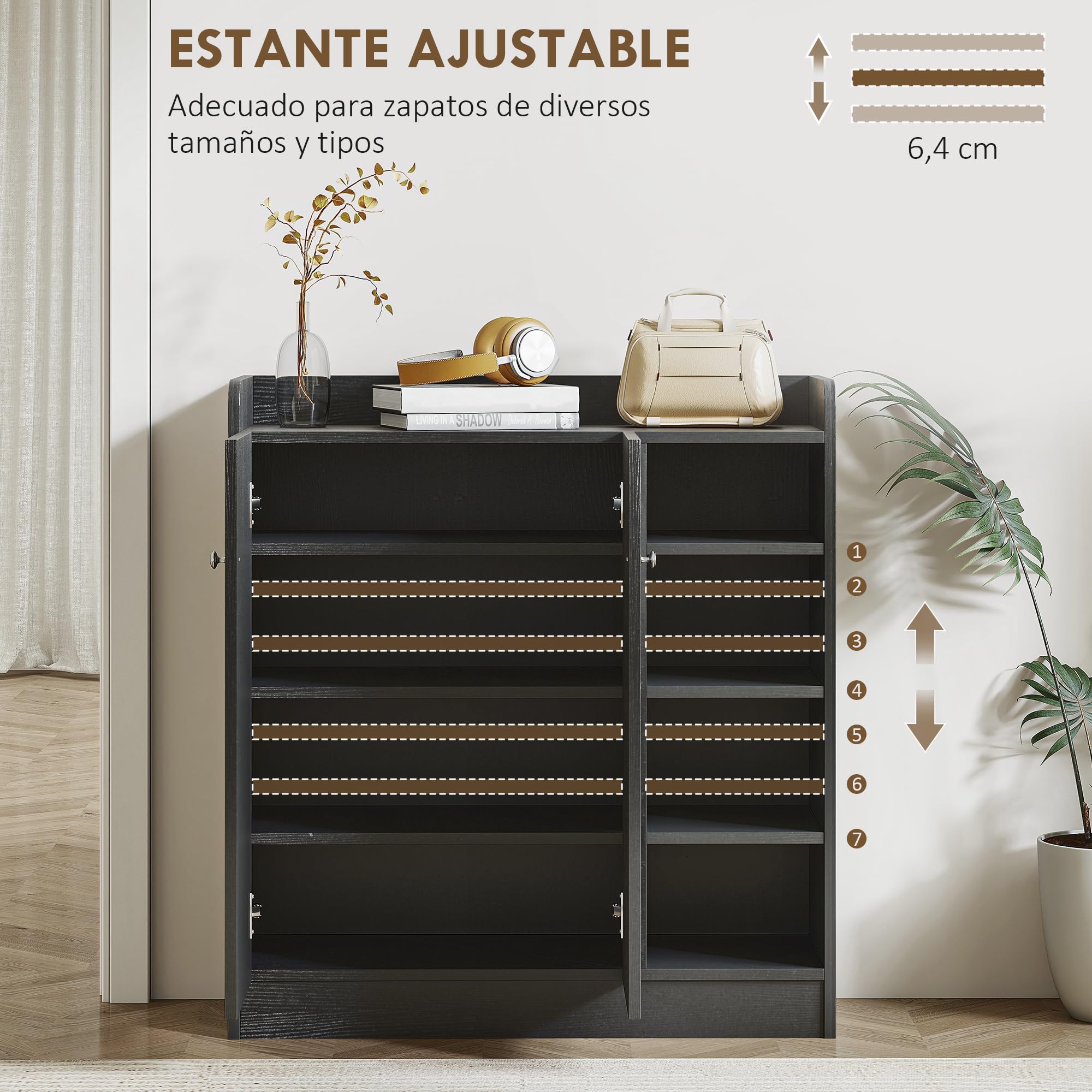 HOMCOM Mueble Zapatero de 2 Puertas Zapatero Estrecho con Estantes Ajustables para 12 Pares de Zapatos para Pasillo Entrada 83x30x90 cm Negro