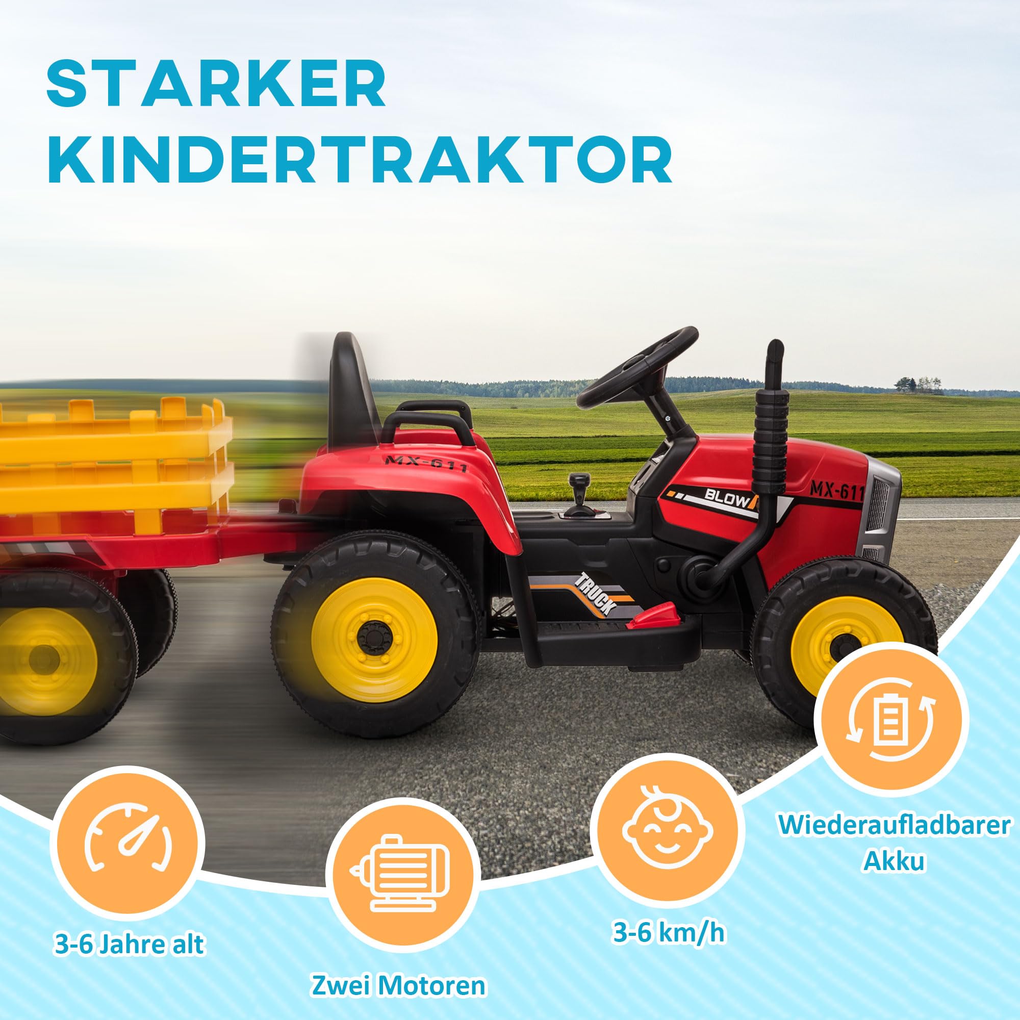 HOMCOM Elektryczny traktor z przyczepą, 2,4G pilot, 3-6 km/h, czerwony | Traktor dla dzieci, elektryczny pojazd dla dzieci z funkcją MP3, pojazd dla dzieci z reflektorem, dla wieku 3-6 lat