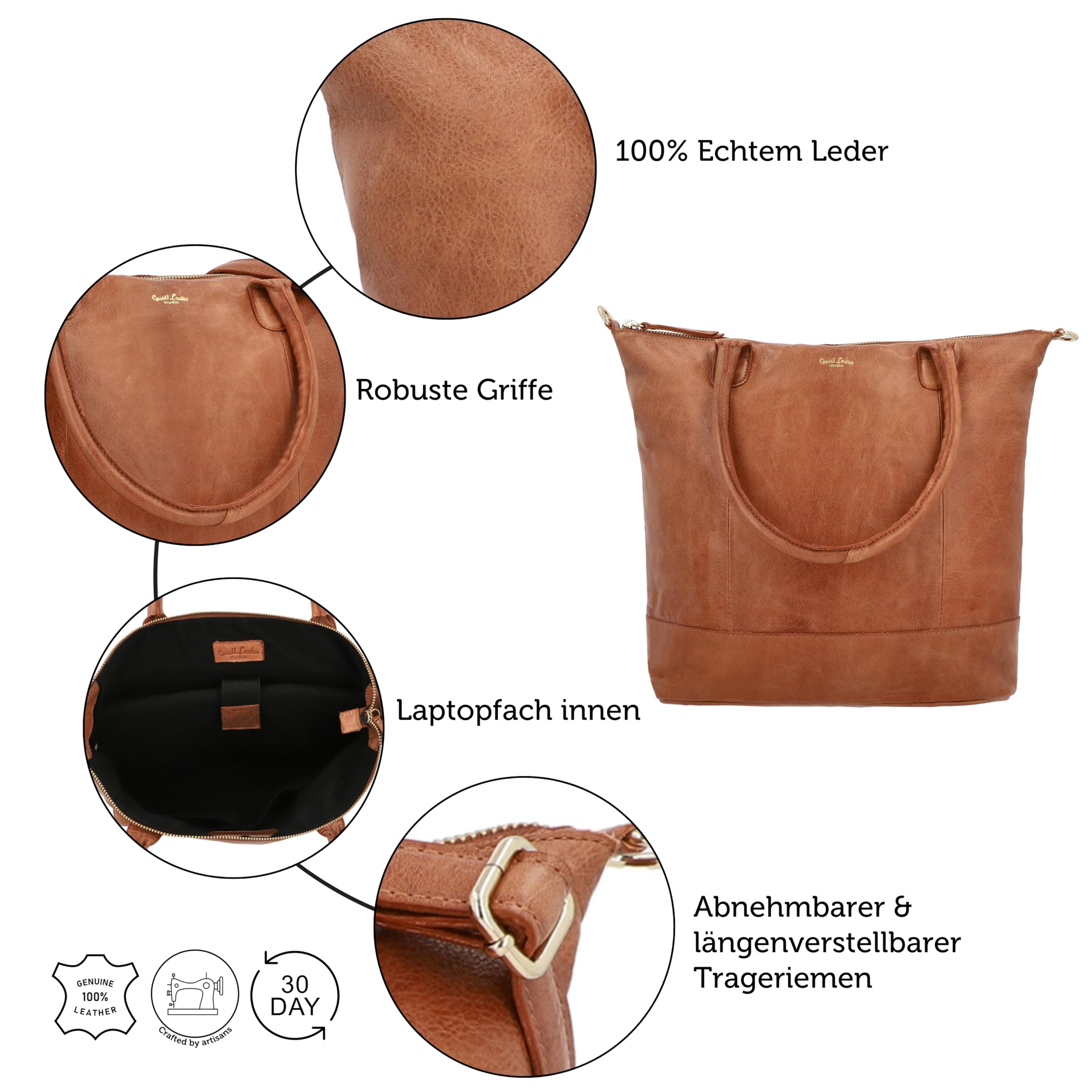 Gusti Leder Shopper Damen Mia – Ledertasche mit Reißverschlussfach, abnehmbarem Trageriemen & 15 Zoll Laptopfach - Ideal für Alltag & Büro