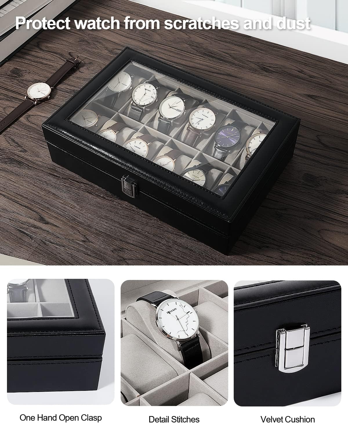 Uten Watch Box, 12 Slots Leather Watch Case, Watch Box Organizer Jewelry Storage with Large Glass Lid, Watch Display Case, Watch Box for Men & Women