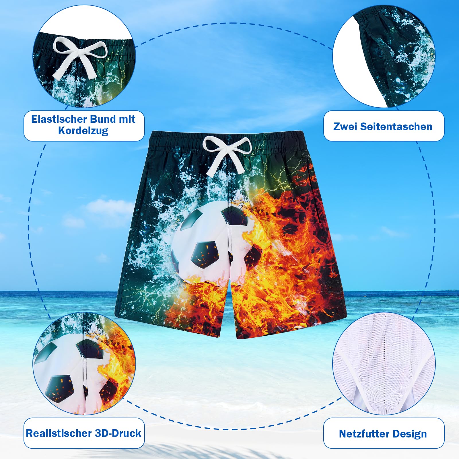 Loveternal Maillot de Bain Garçons Enfant 3D Imprimé Graphique Séchage Rapide Short de Bain Drôle Nouveauté Boardshorts Été Tenue de Plage avec Filet Intérieur Cordon et Poches 7-14 Ans