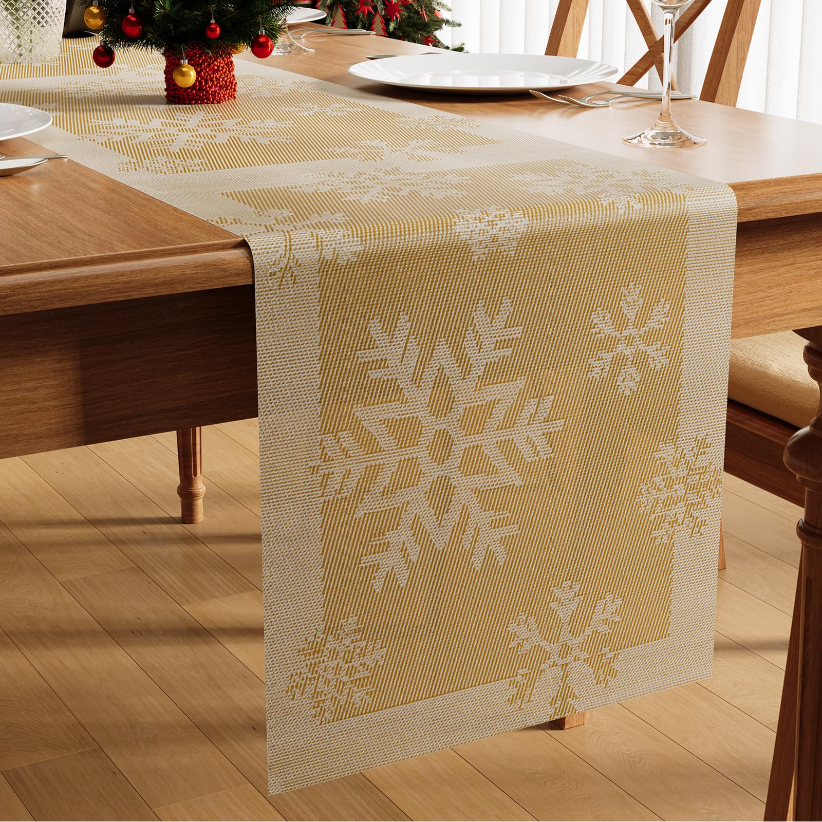 Famibay Camino de mesa de Navidad, color dorado, resistente al calor, lavable, PVC, tejido, antideslizante, para comedor, cocina, restaurante