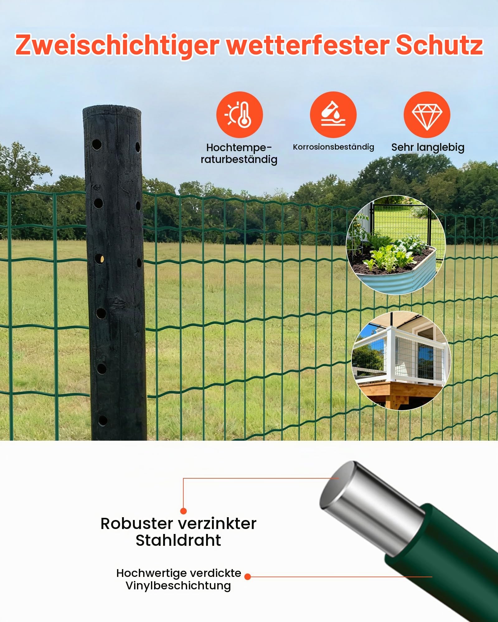 VEVOR Gartenzaun, 1,2 x 25 m, Maschendraht-Zaun 2,1 mm, verzinkter Stahldraht, geeignet für Rinder, Schweine & Schafe, vinylbeschichteter Gitterzaun für Tiergehege, Käfige & Gärten, Grün.