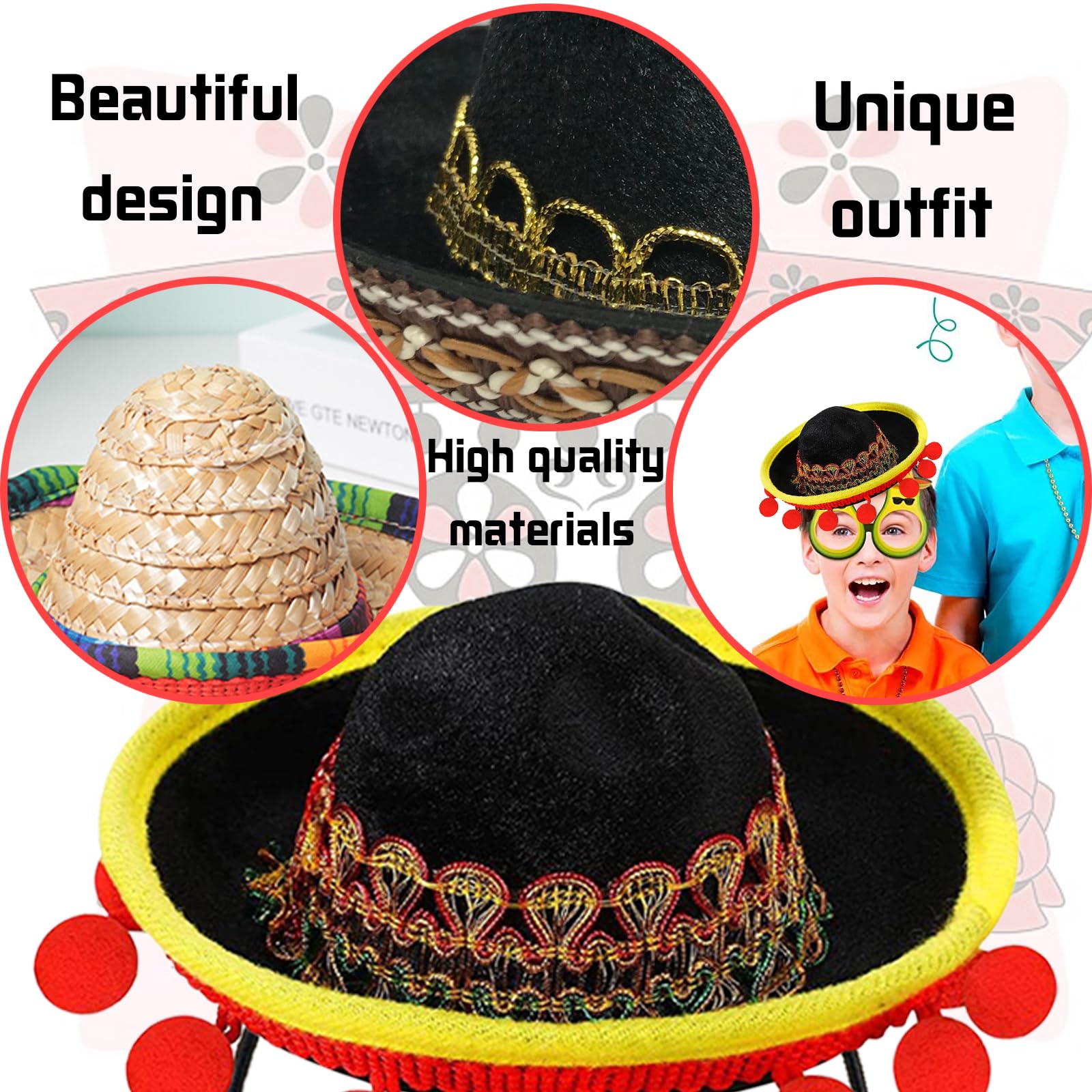 Set Di 6 Cappelli In Paglia Sombrero In Tessuto Per Feste Con Frange A Sfera, Con Fascia Per Capelli, Pet Cappello Di Paglia, A Tema Messicano Decorazioni E Bomboniere