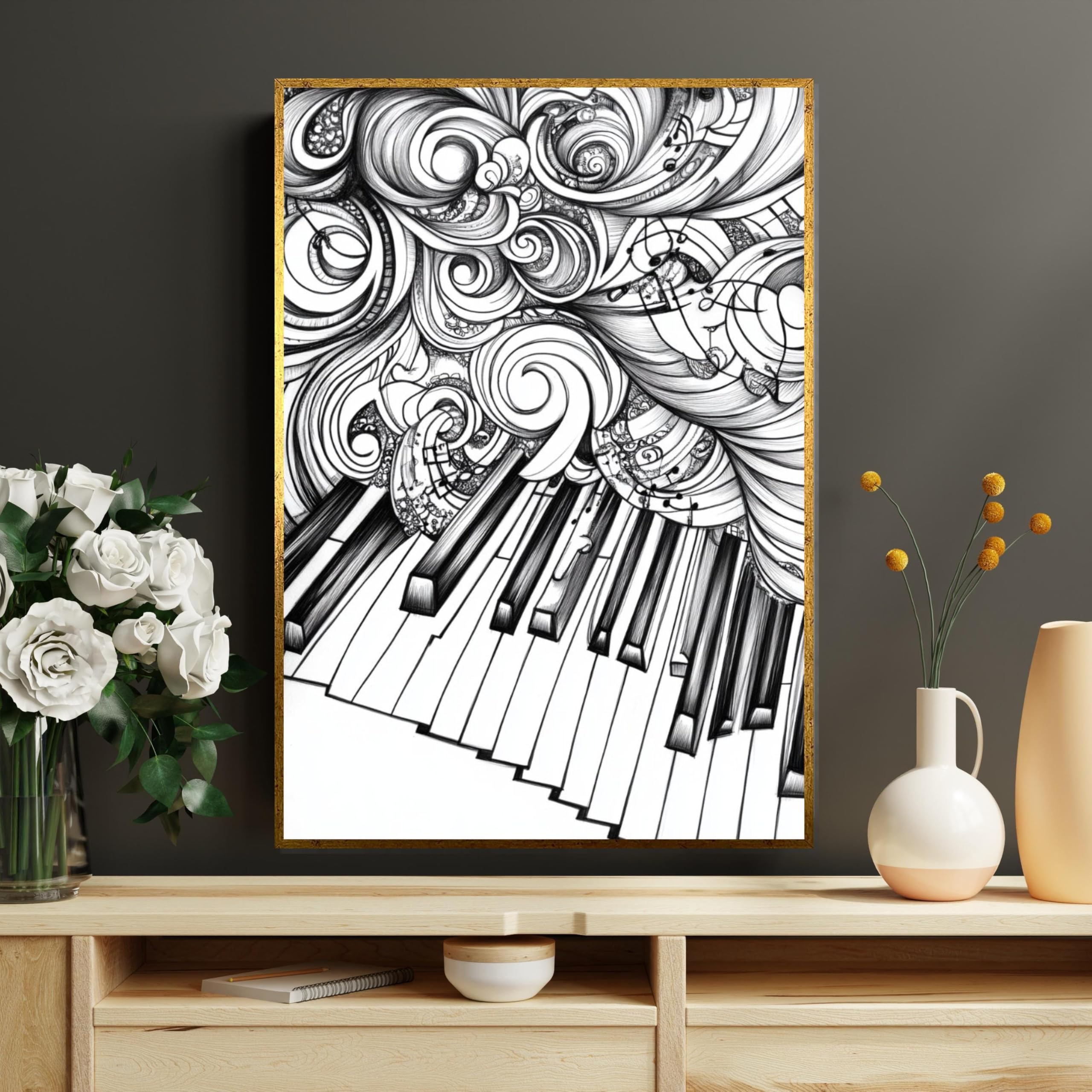 CAOXTART Abstrakcyjny obraz na płótnie z klawiszami fortepianu, czarno-biały plakat muzyczny i wydruki, monochromatyczna sztuka ścienna, kreatywny design (20 x 30 cm / ramka wewnętrzna)