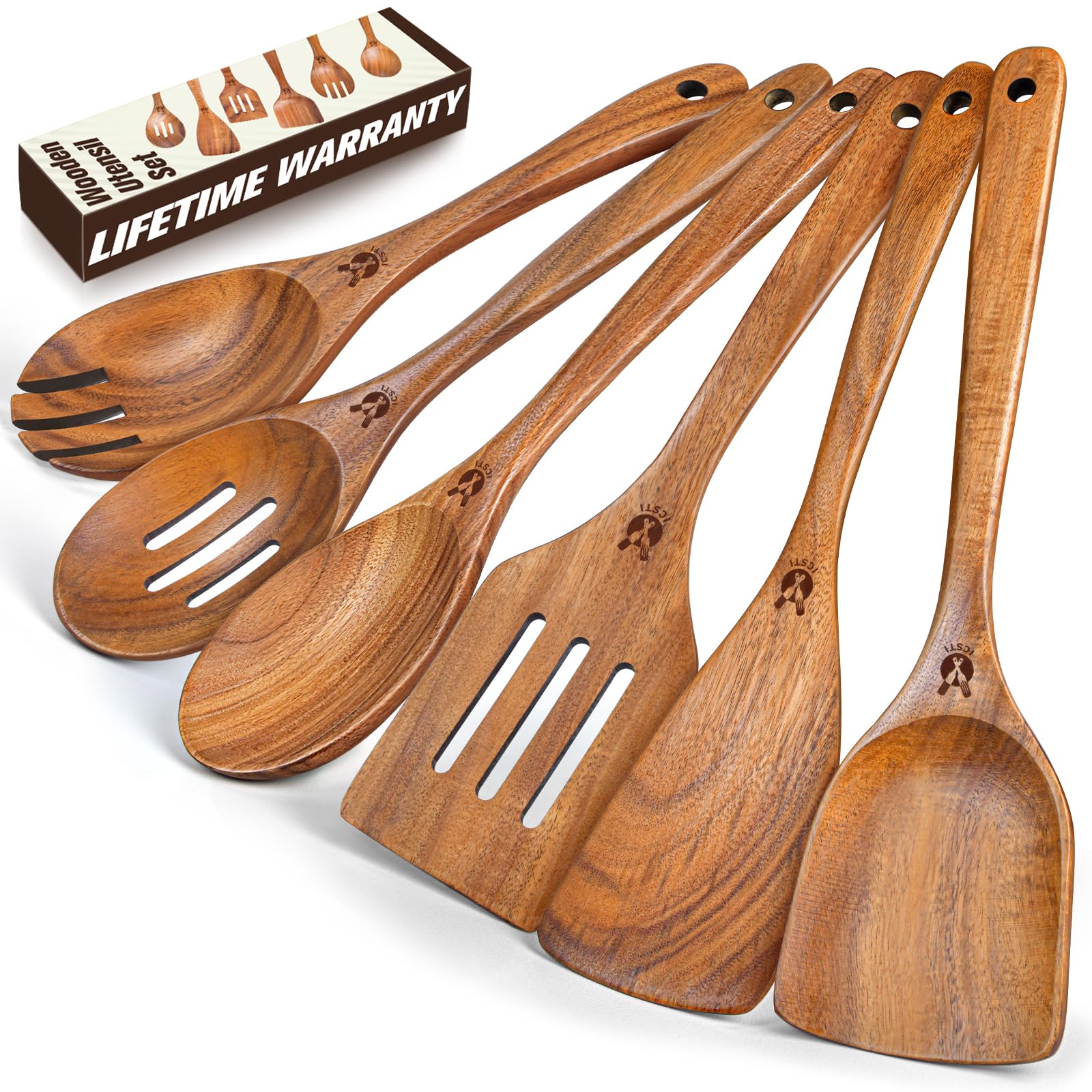 Wooden Spoons for Cooking, 6 Pcs Natural Teak Wooden Kitchen Utensils Set, Cooking Utensils Set with Long Comfort Grip, Wooden Spoons Spatula Set Perfect for Non-Stick Cookware