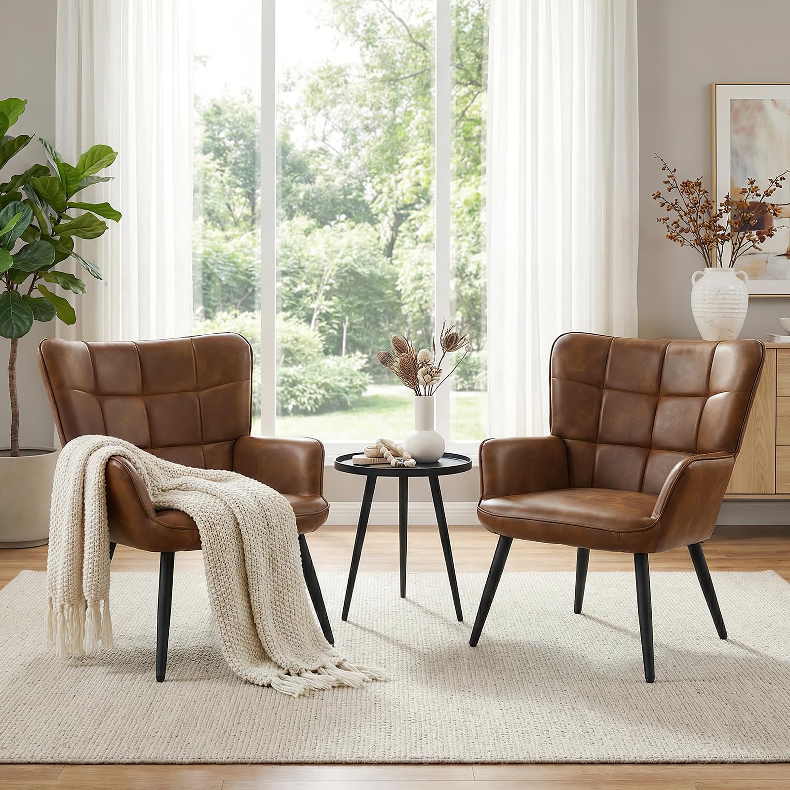 Set di 2 Poltrona Salotto Scandinava, Poltrona Camera da Letto in Finta Pelle, Poltroncina Imbottita Sedie Sala da Pranzo con Braccioli per Soggiorno Camera da Letto Sale da Pranzo, Marrone