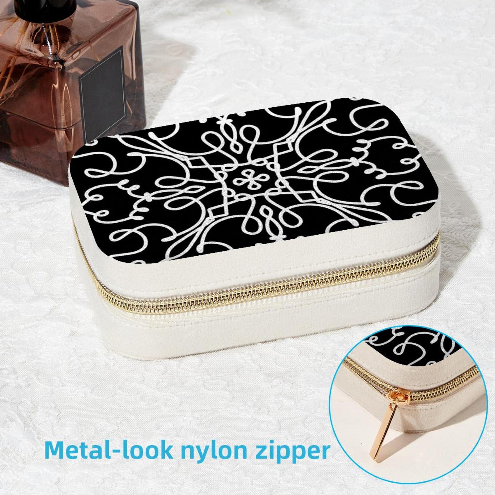 Boîte à bijoux de voyage en velours pelucheux, petite boîte à bijoux pour femme, motif ligne blanche