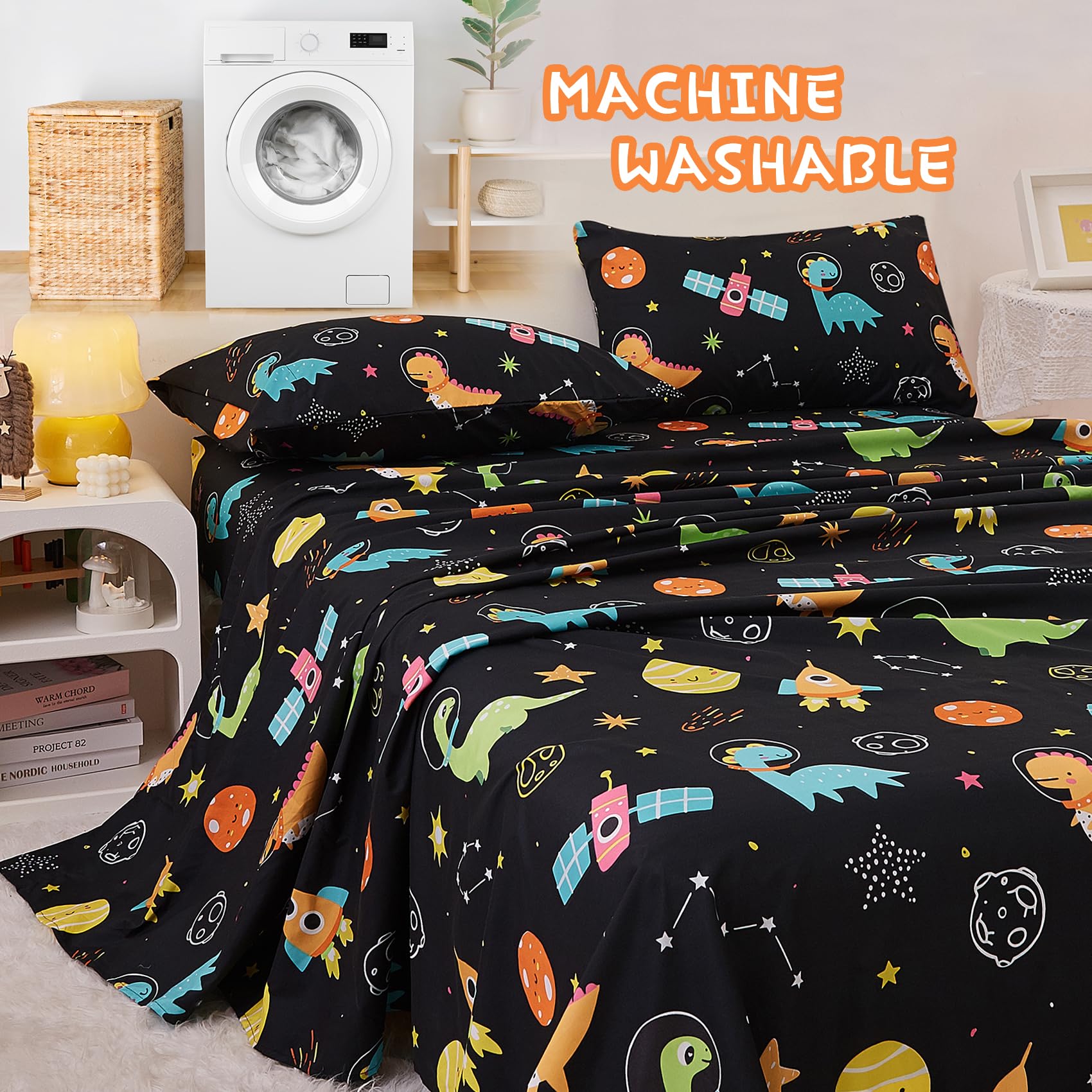 Juego de sábanas de tamaño individual de dinosaurio para niños, diseño de planetas lindos de microfibra con bolsillo profundo, juego de sábanas y fundas de almohada, 3 piezas 6