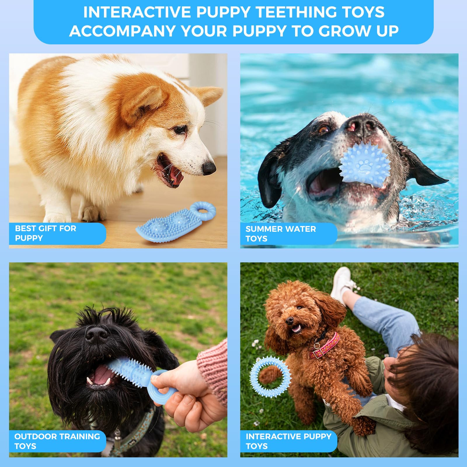 Juguetes para cachorros, paquete de 9 juguetes masticables para cachorros, lindos juguetes azules para perros pequeños, juguetes de dentición para cachorros, juguete interactivo suave y duradero