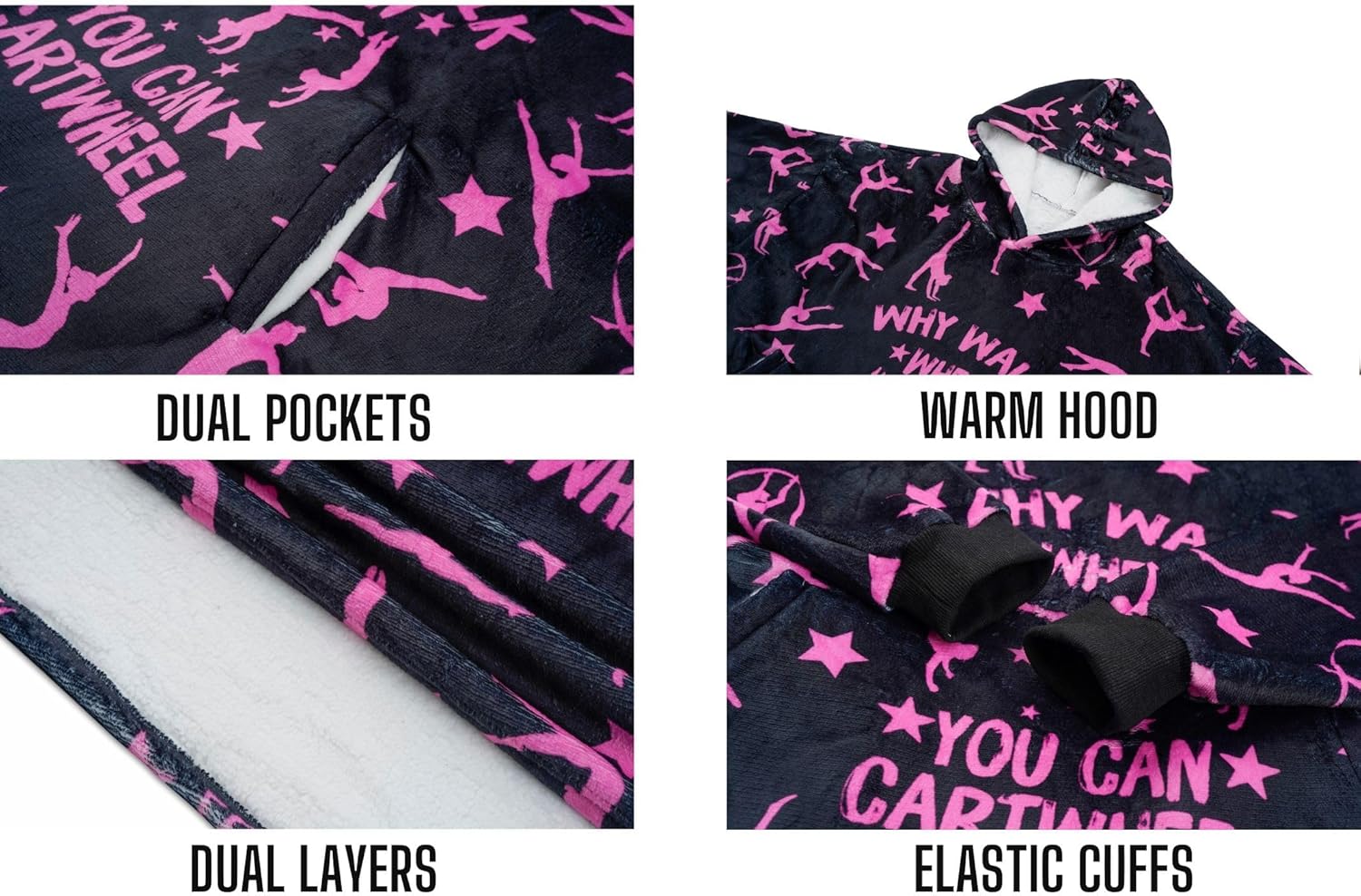 Gymnastics Gifts for Girls, Wearable Flannel Blanket Hoodie, Oversized Hooded Sweatshirt, One Size