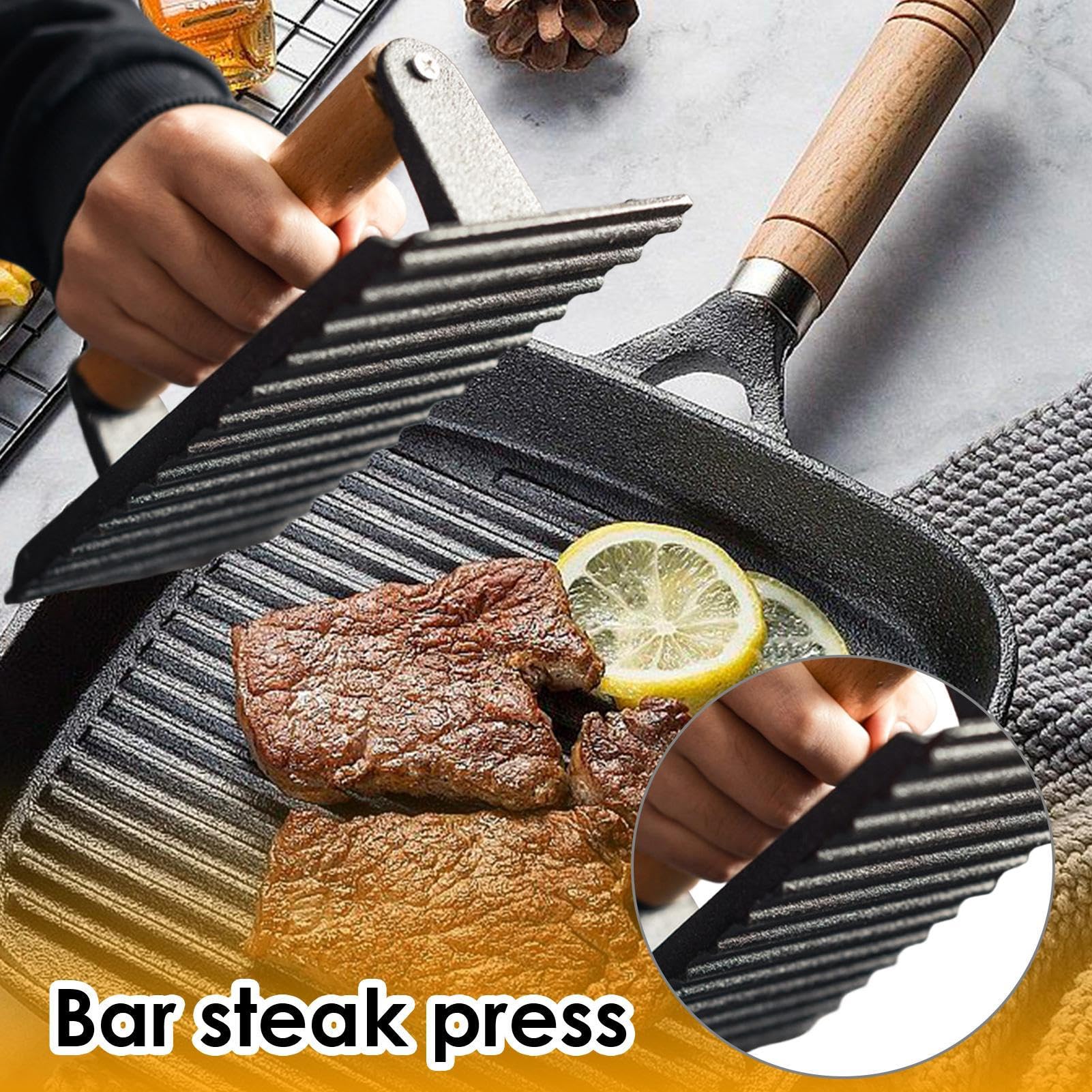 Presiona de parrilla de cocción pesada: peso duradero de carne de hierro fundido con mango de madera | Bistec resistente al calor para sándwiches de barbacoa panqueques hamburguesas salchichas de