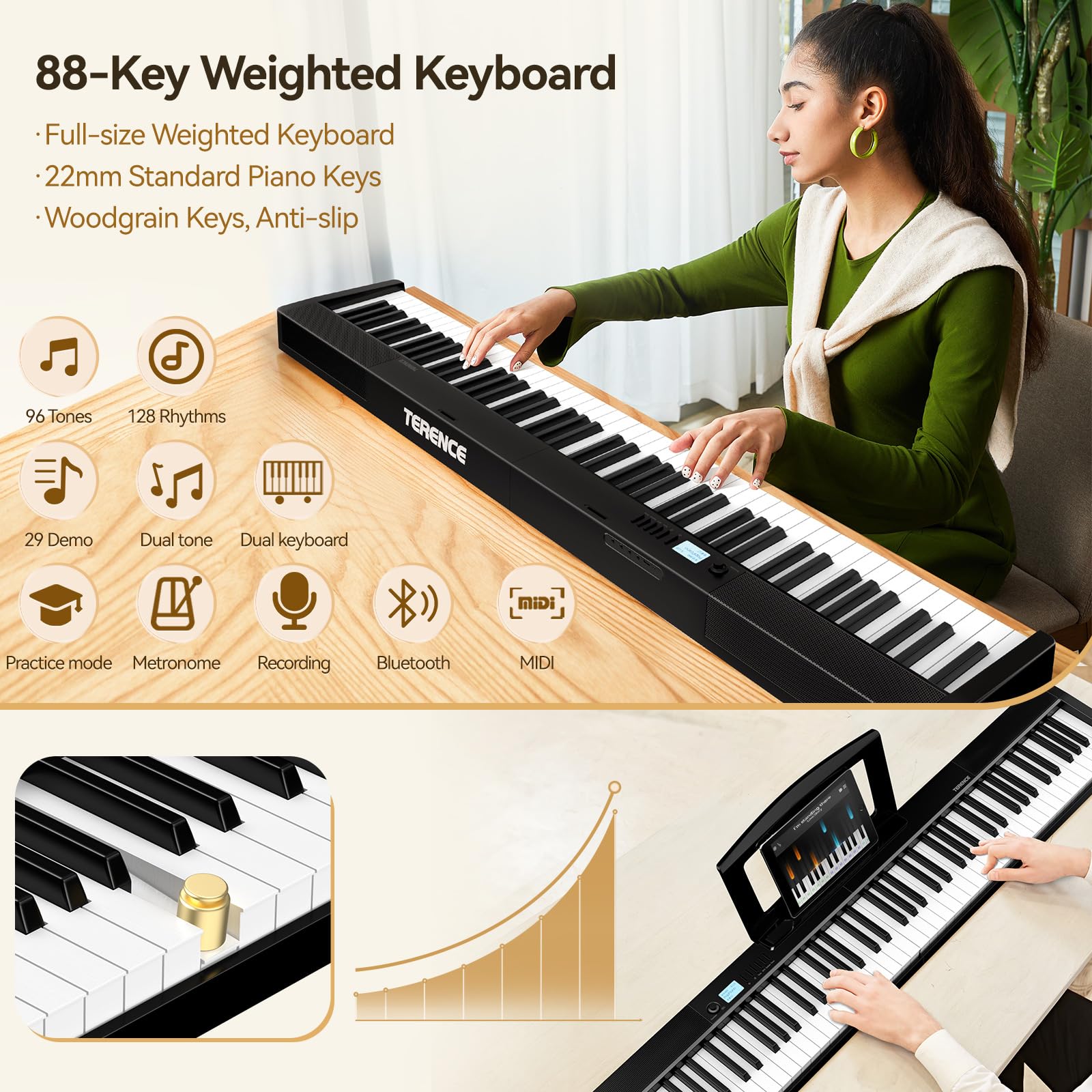 TERENCE V30 Folding Piano 88鍵盤 Amazon.com: TERENCE Piano Keyboard, 88 Key Full Size